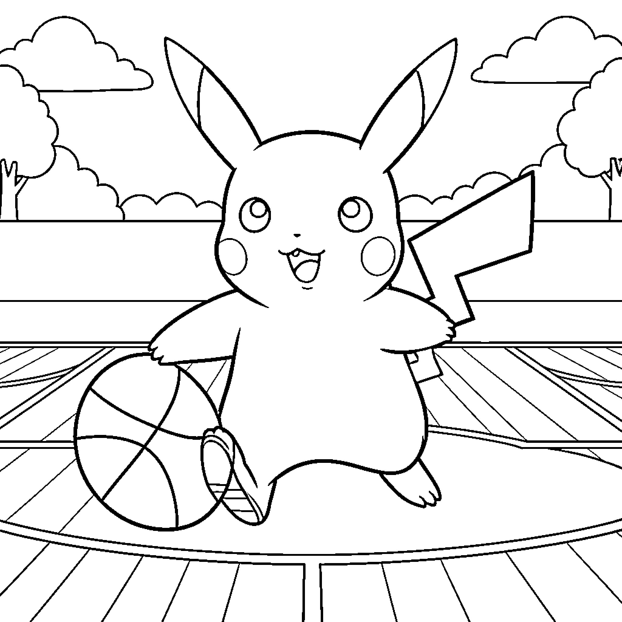 Pikachu dribbling a basketball on a court Coloring Page (free black-and-white line drawing printable PDF for all, from beginners to advanced learners, including children, teens, adults, and seniors)