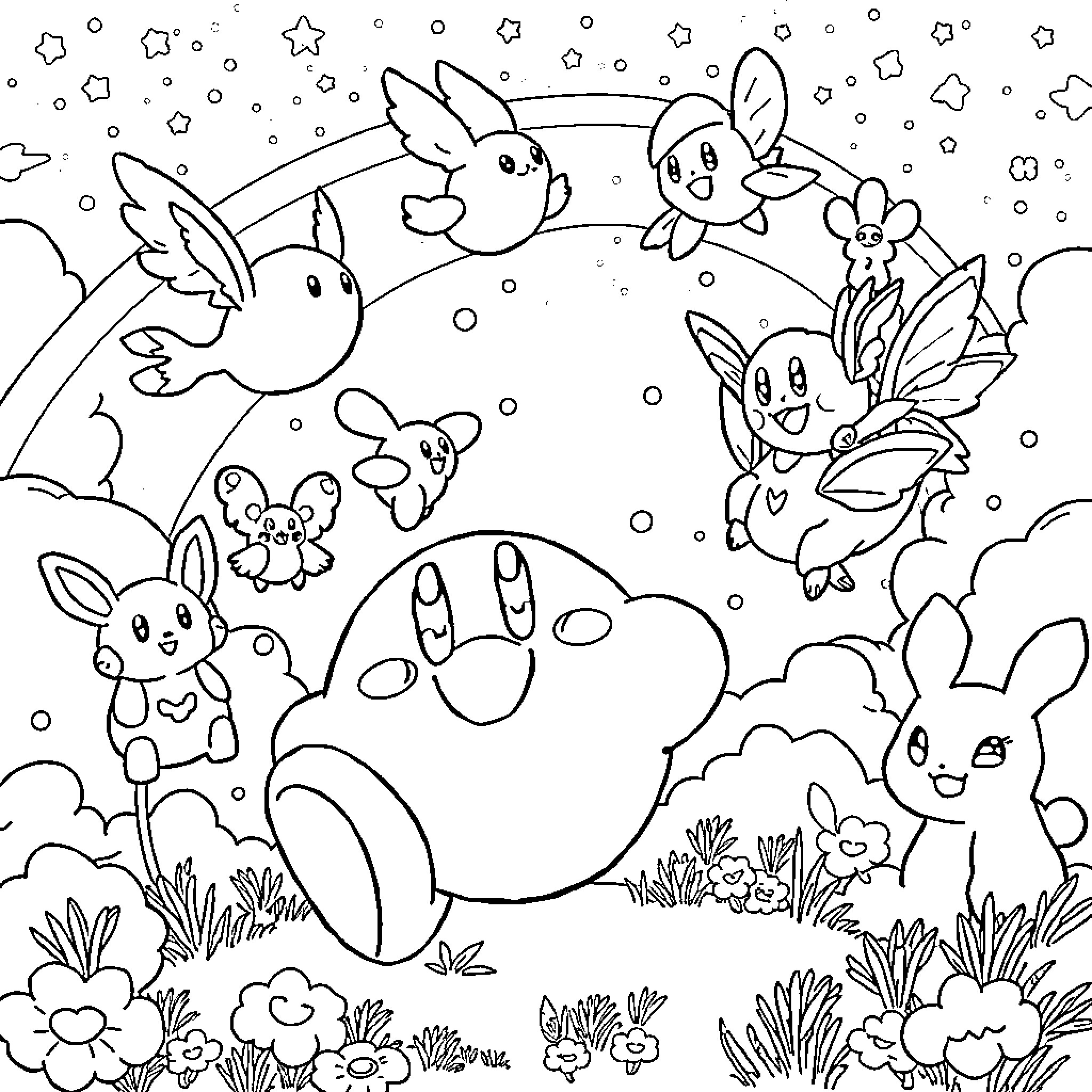 Kirby and friends in a whimsical winter wonderland Coloring Page (free black-and-white line drawing printable PDF for all, from beginners to advanced learners, including children, teens, adults, and seniors)