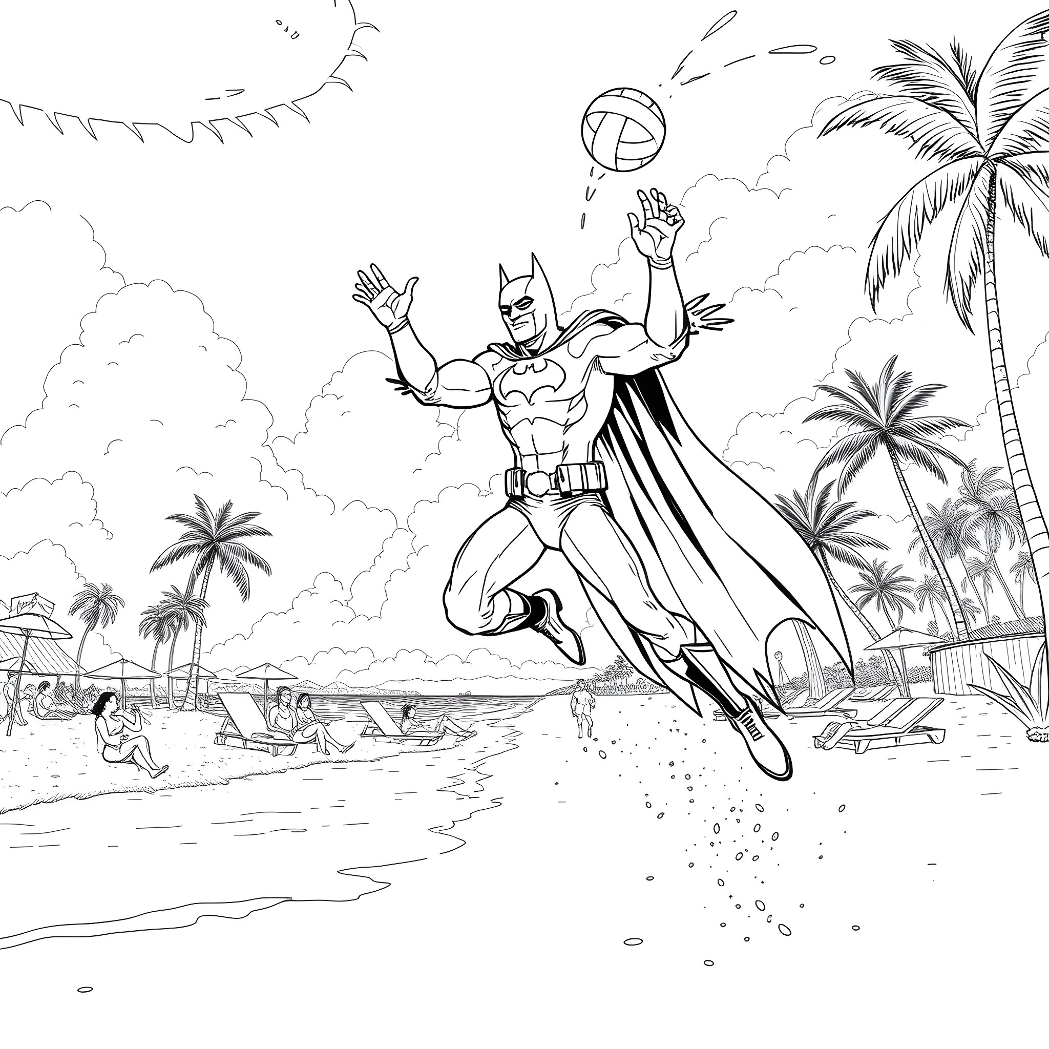 Batman soaring through a tropical paradise Coloring Page (free black-and-white line drawing printable PDF for all, from beginners to advanced learners, including children, teens, adults, and seniors)