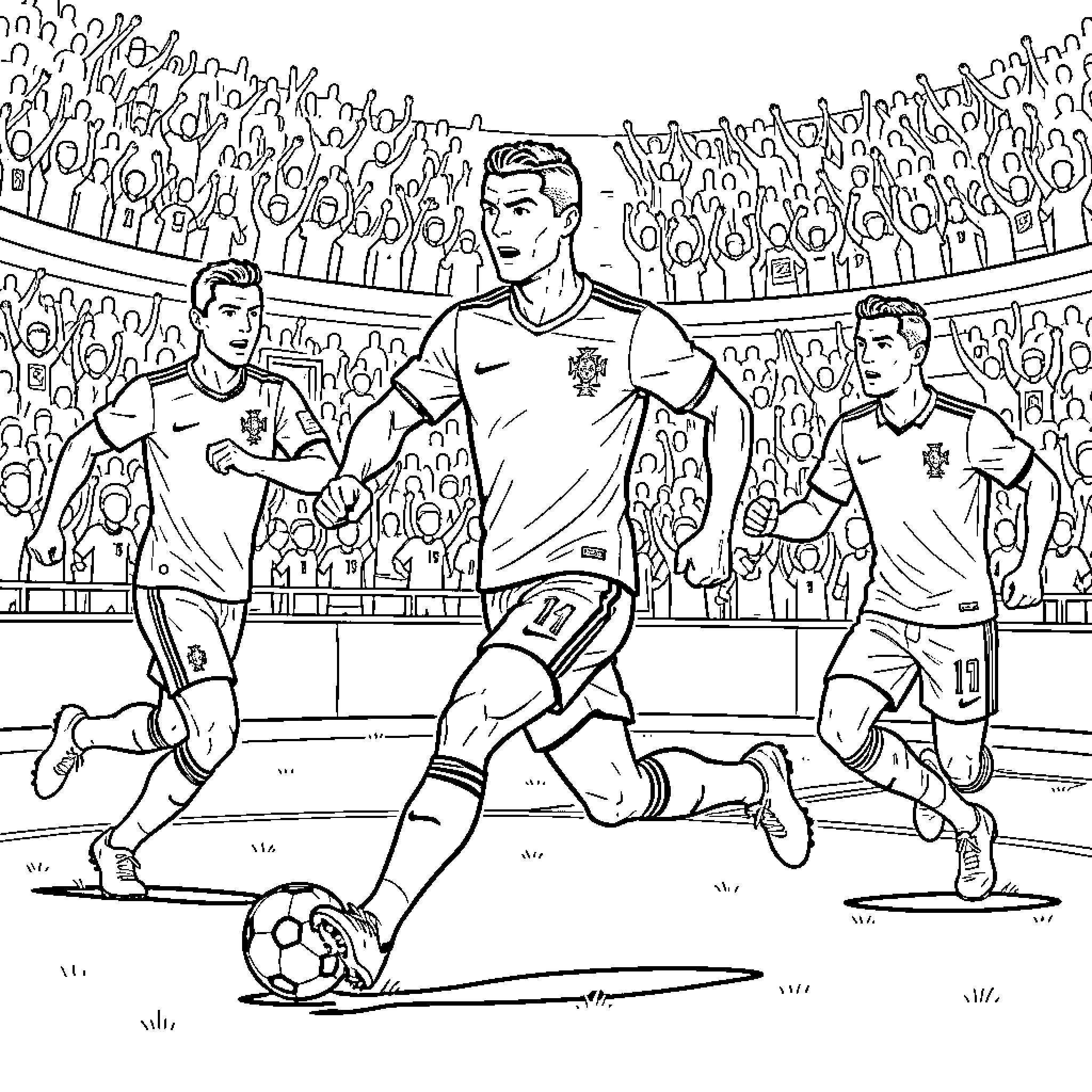 Cristiano Ronaldo dribbling a soccer ball during a match Coloring Page (free black-and-white line drawing printable PDF for all, from beginners to advanced learners, including children, teens, adults, and seniors)