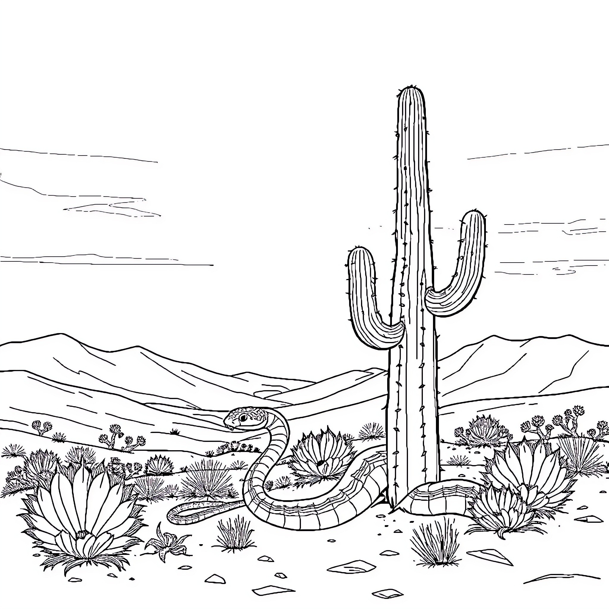 Snake slithering among cactus plants in the desert Coloring Page (free black-and-white line drawing printable PDF for all, from beginners to advanced learners, including children, teens, adults, and seniors)