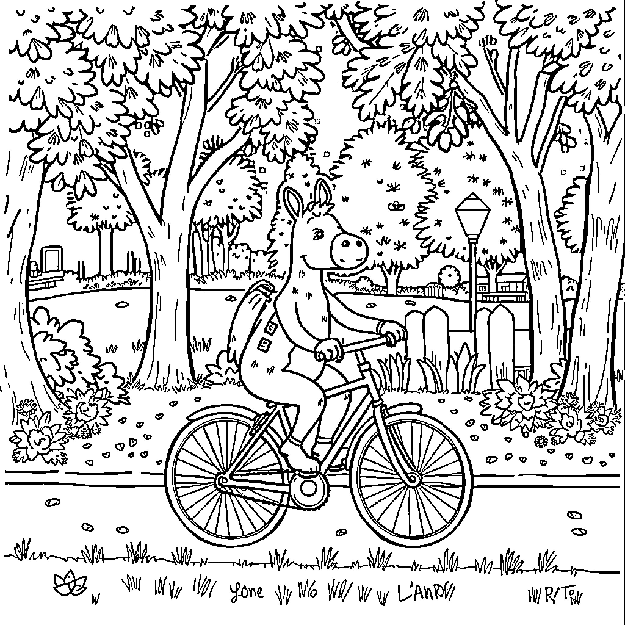 Donkey riding a bicycle through a lush park Coloring Page (free black-and-white line drawing printable PDF for all, from beginners to advanced learners, including children, teens, adults, and seniors)