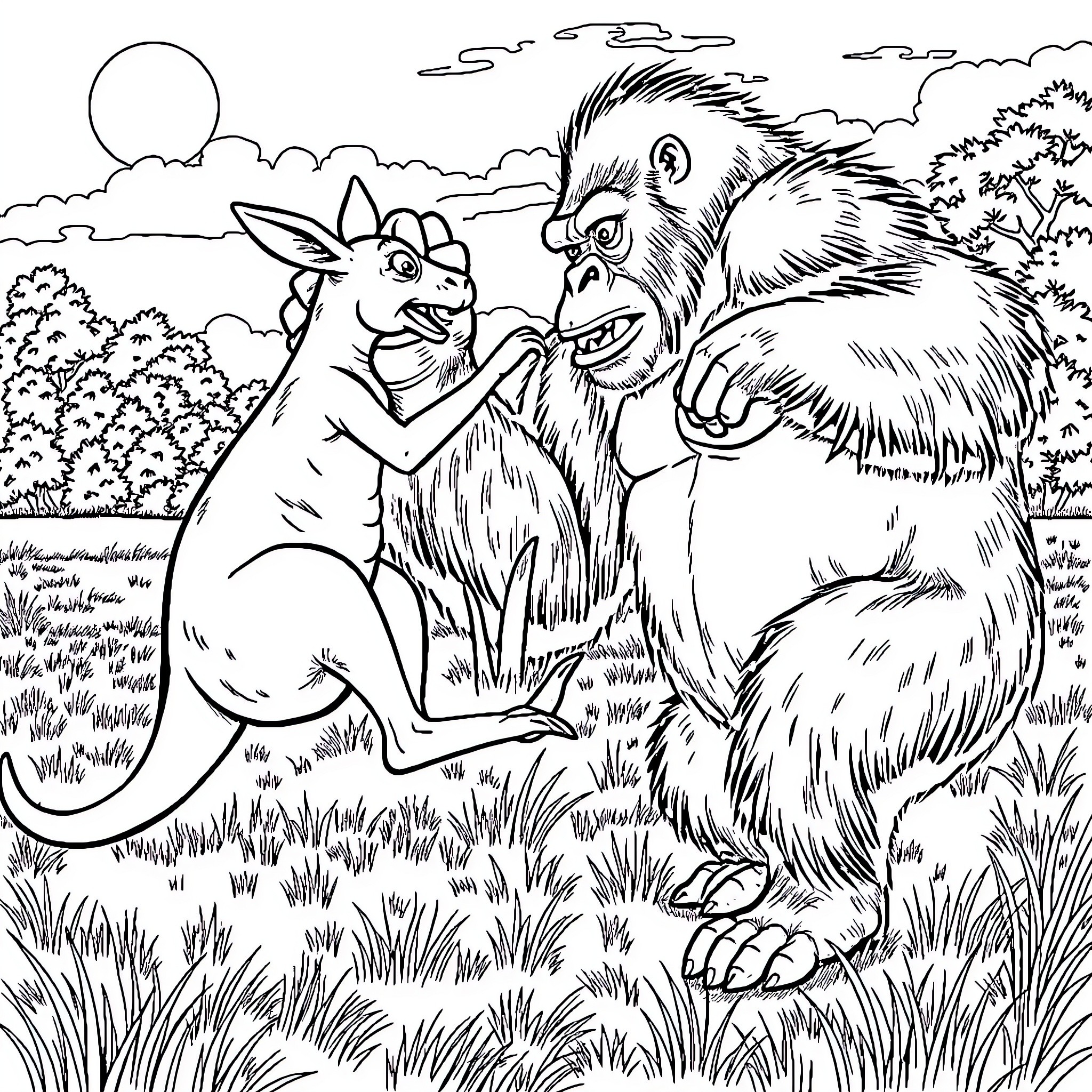 Kangaroo and Sasquatch interact in a nature setting Coloring Page (free black-and-white line drawing printable PDF for all, from beginners to advanced learners, including children, teens, adults, and seniors)