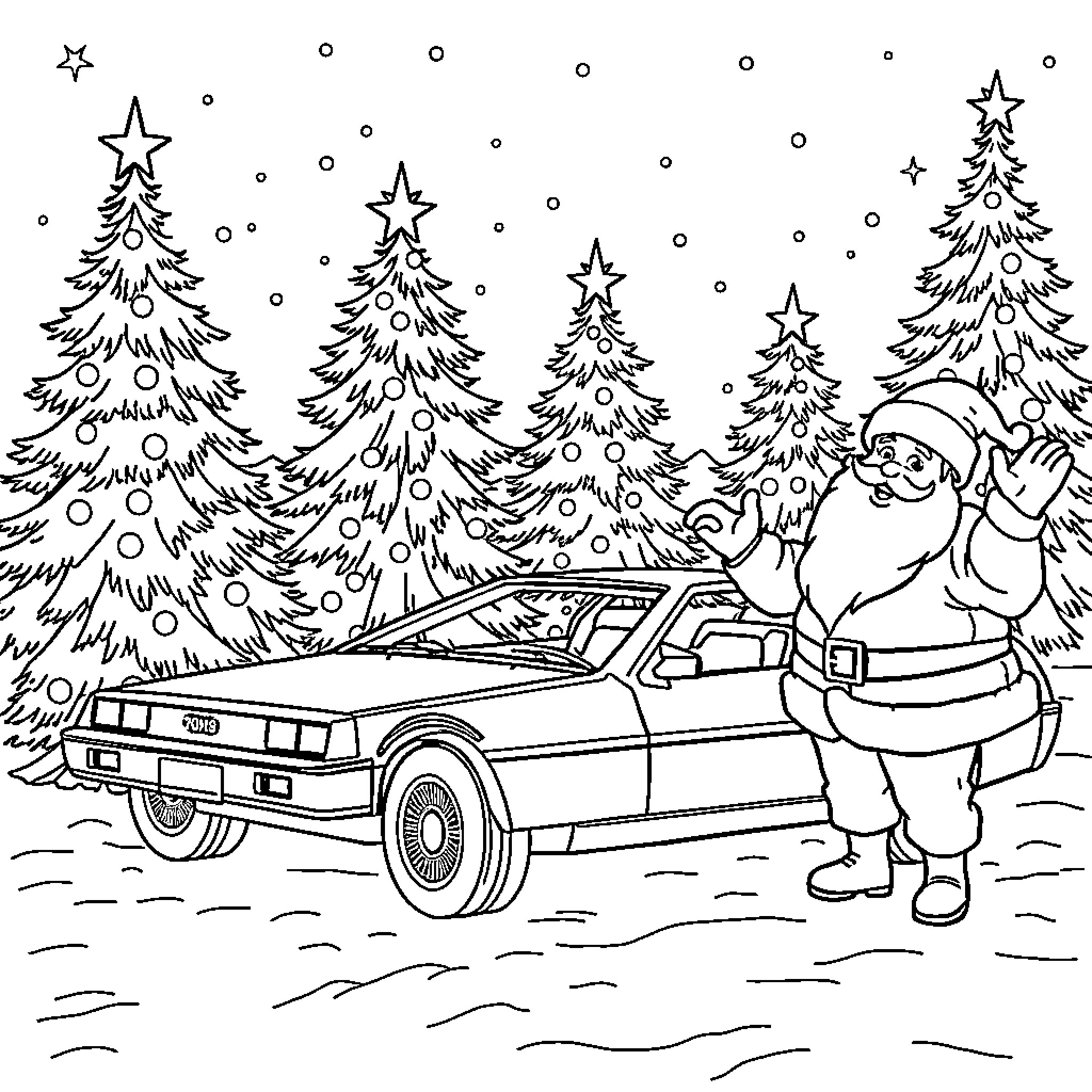 DeLorean Time Travel Through Snowy Wonderland Coloring Page (free black-and-white line drawing printable PDF for all, from beginners to advanced learners, including children, teens, adults, and seniors)