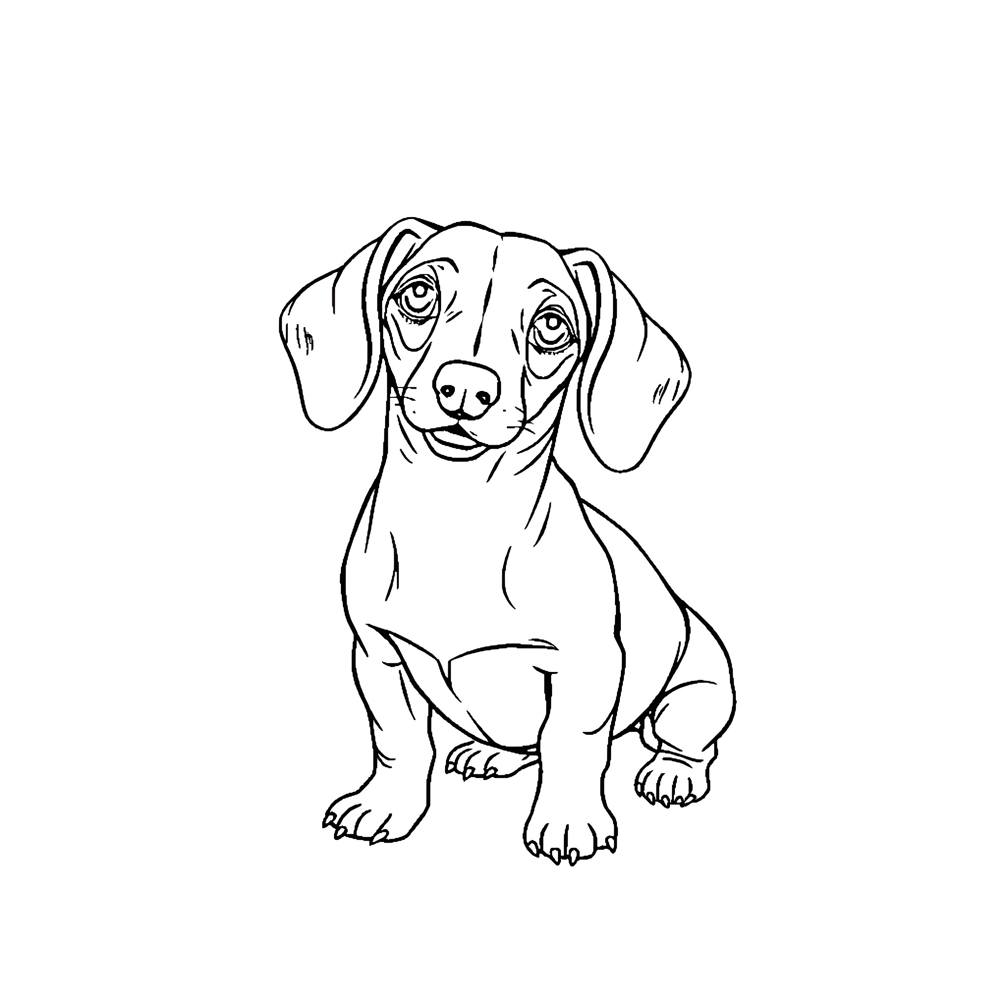 Dachshund puppy sitting and looking curiously Coloring Page (free black-and-white line drawing printable PDF for all, from beginners to advanced learners, including children, teens, adults, and seniors)