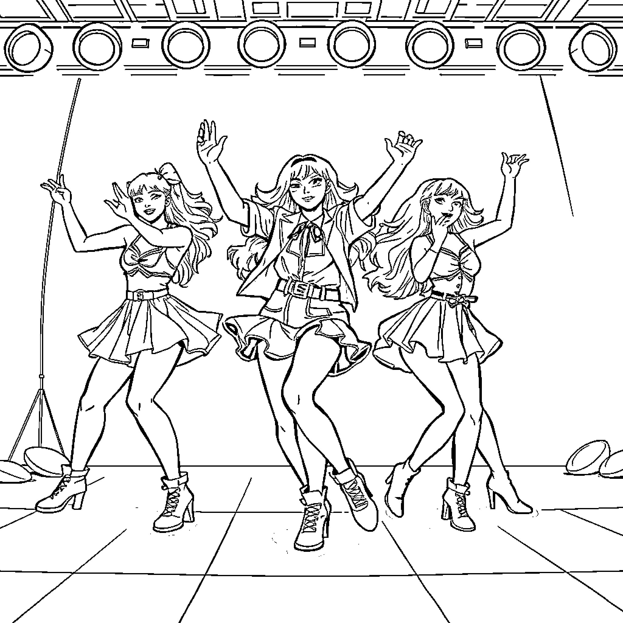 K Pop Female Dance Performance on Stage Coloring Page (free black-and-white line drawing printable PDF for all, from beginners to advanced learners, including children, teens, adults, and seniors)