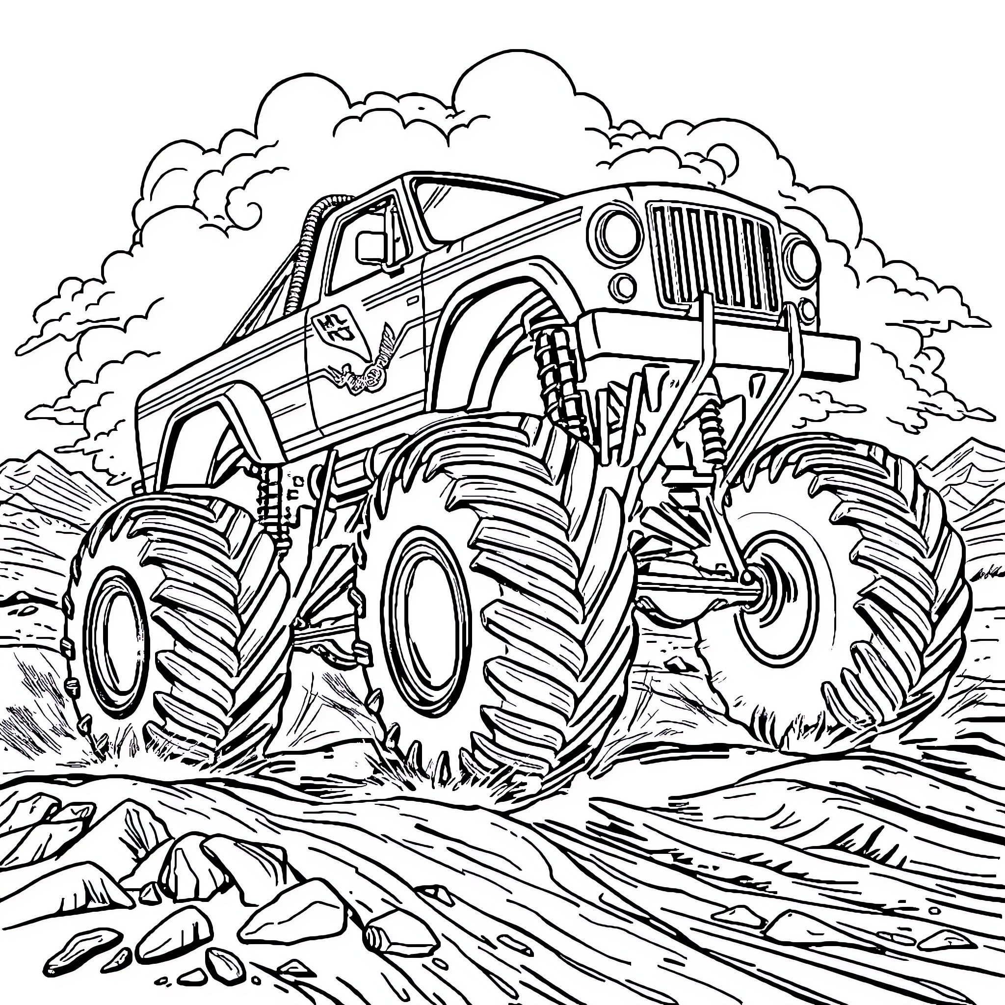 Monster Truck Crushing Through Rugged Terrain Coloring Page (free black-and-white line drawing printable PDF for all, from beginners to advanced learners, including children, teens, adults, and seniors)