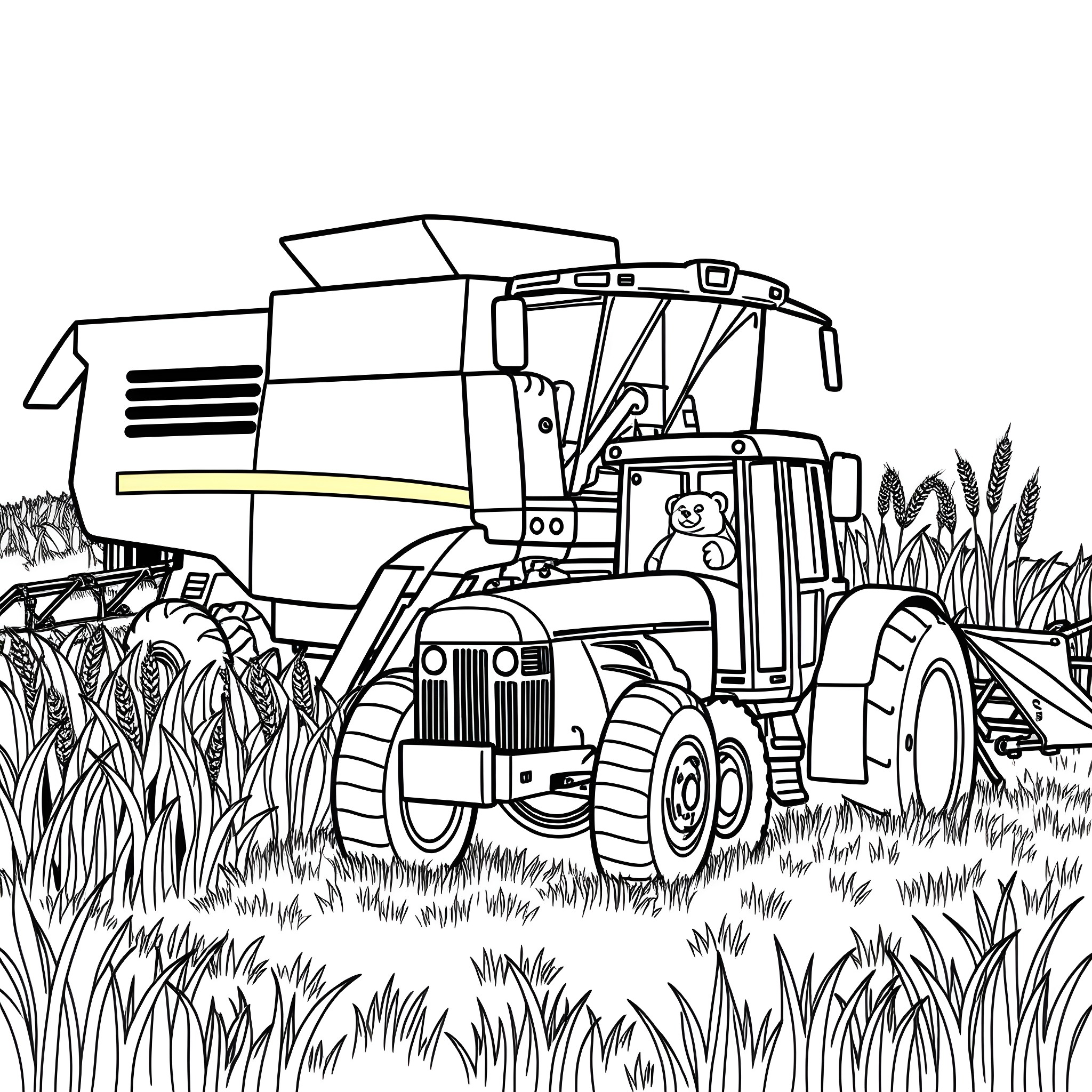 Tractor harvesting crops in the field Coloring Page (free black-and-white line drawing printable PDF for all, from beginners to advanced learners, including children, teens, adults, and seniors)