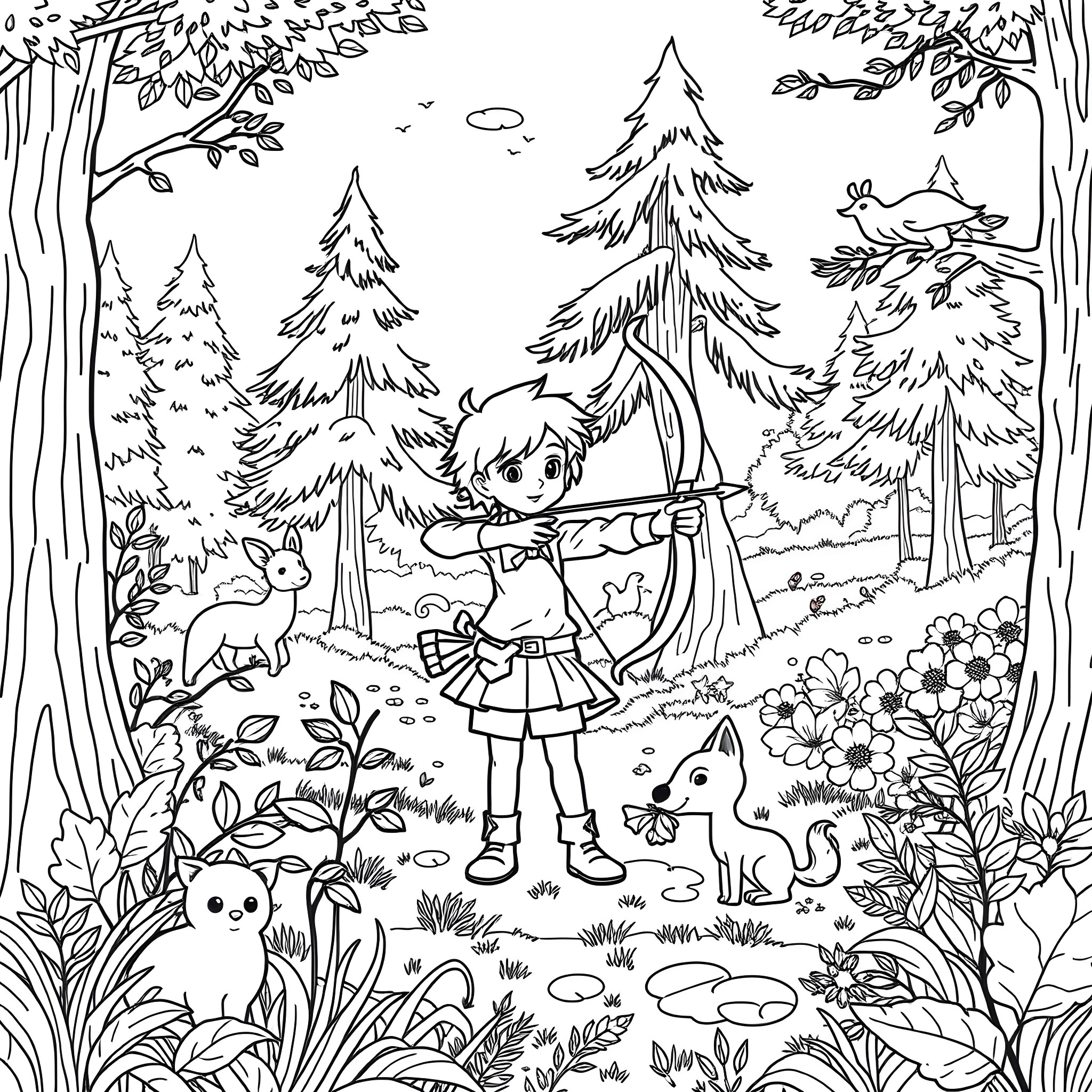 Bow and arrow in the forest Coloring Page (free black-and-white line drawing printable PDF for all, from beginners to advanced learners, including children, teens, adults, and seniors)