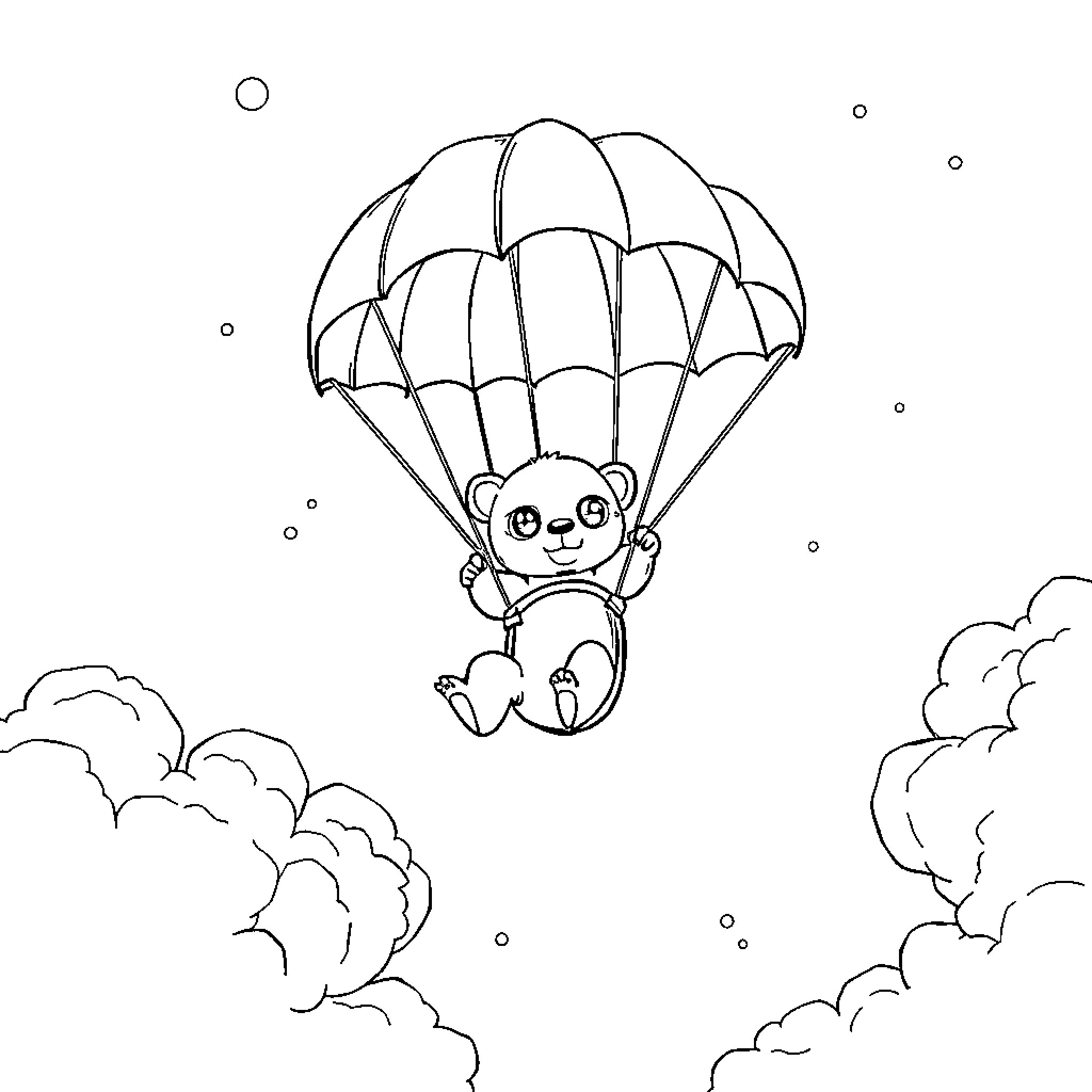 Osito skydiving with a parachute Coloring Page (free black-and-white line drawing printable PDF for all, from beginners to advanced learners, including children, teens, adults, and seniors)