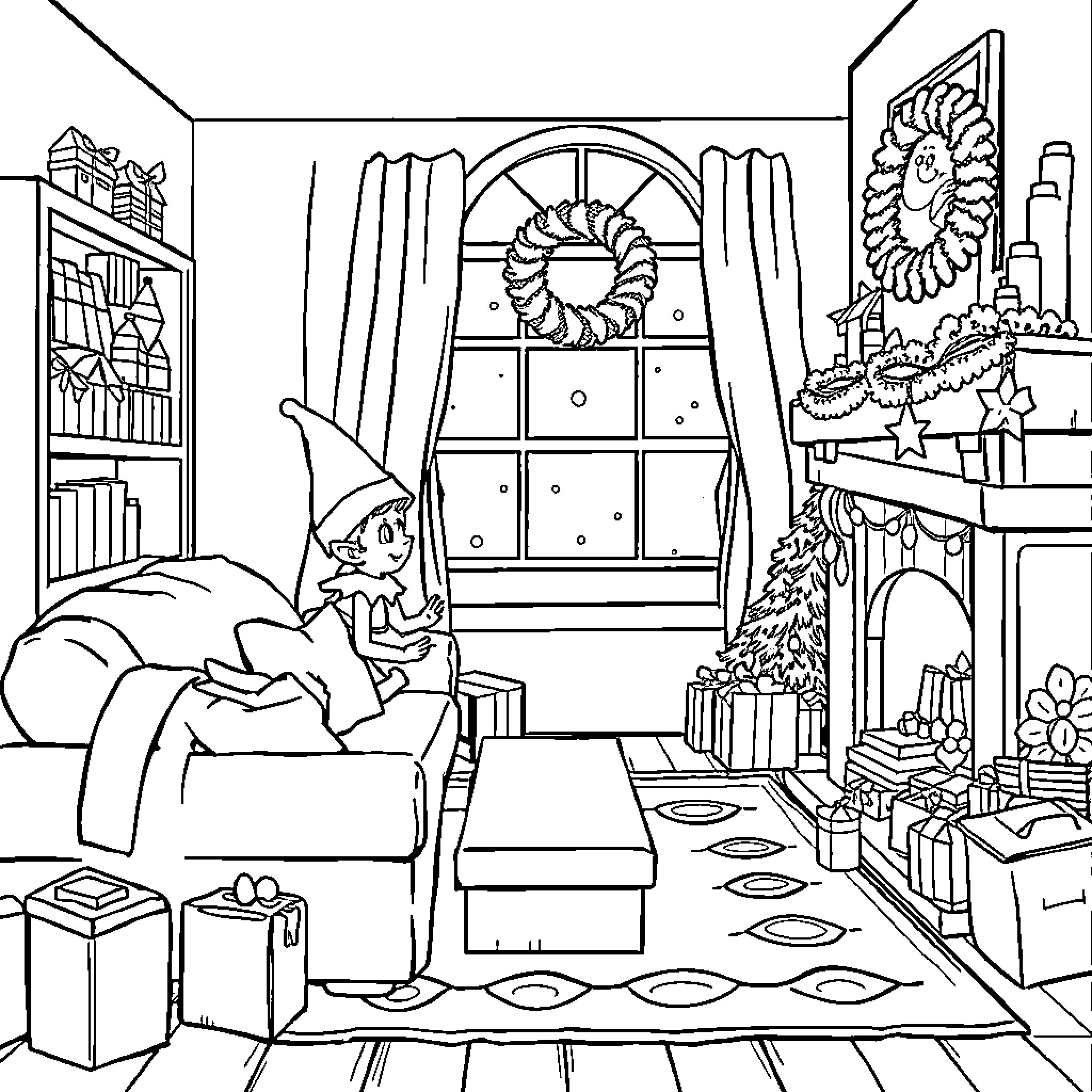 Bluey's cozy Christmas scene with decorations Coloring Page (free black-and-white line drawing printable PDF for all, from beginners to advanced learners, including children, teens, adults, and seniors)