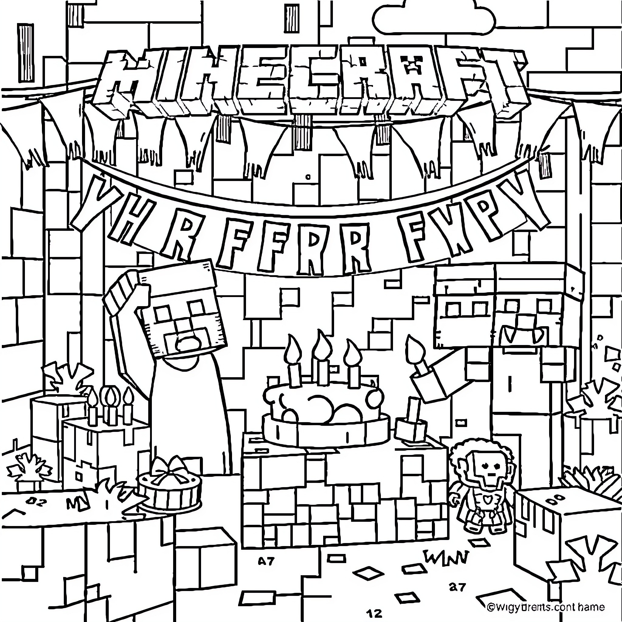 Minecraft characters celebrating a birthday party Coloring Page (free black-and-white line drawing printable PDF for all, from beginners to advanced learners, including children, teens, adults, and seniors)