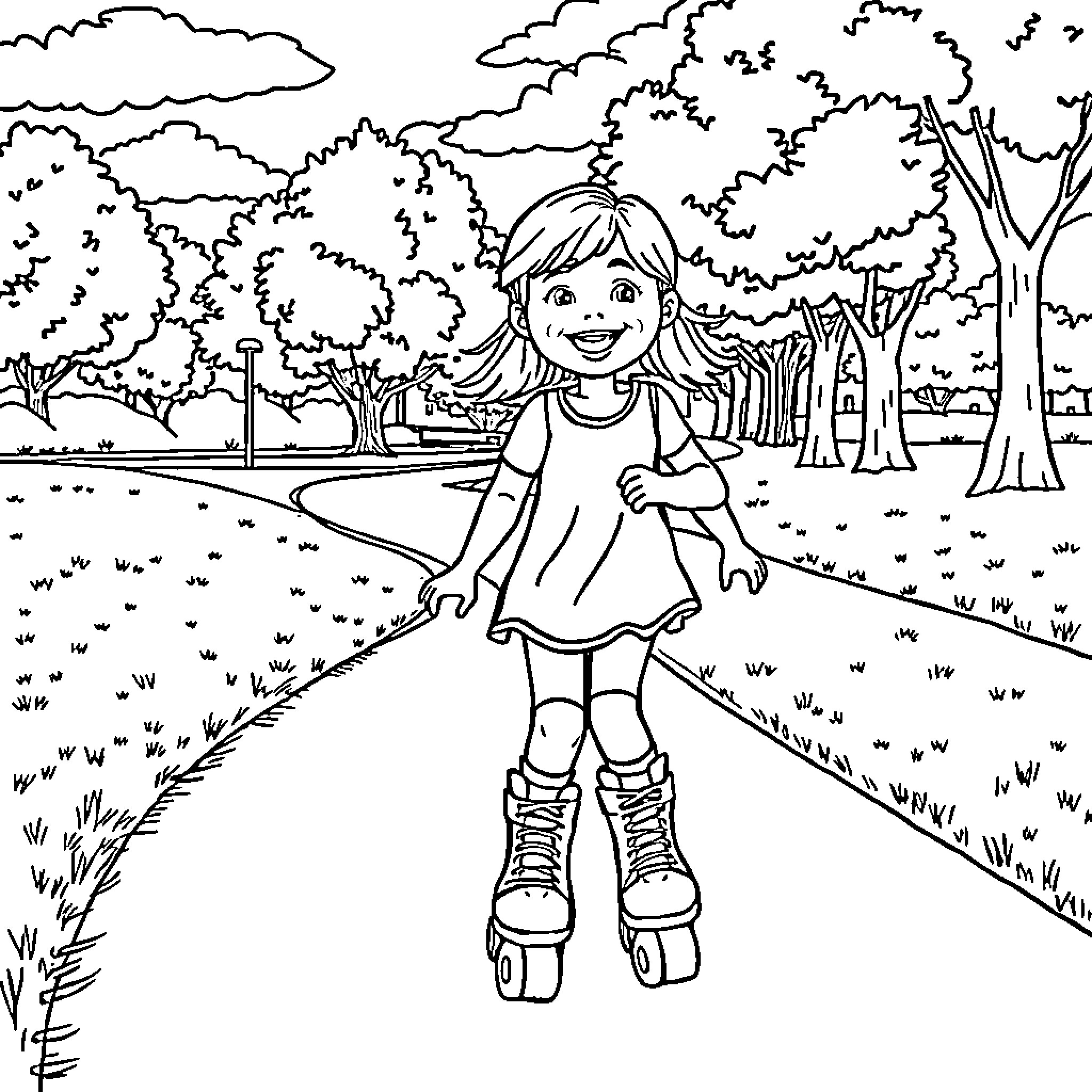 Girl enjoying roller skating in nature Coloring Page (free black-and-white line drawing printable PDF for all, from beginners to advanced learners, including children, teens, adults, and seniors)