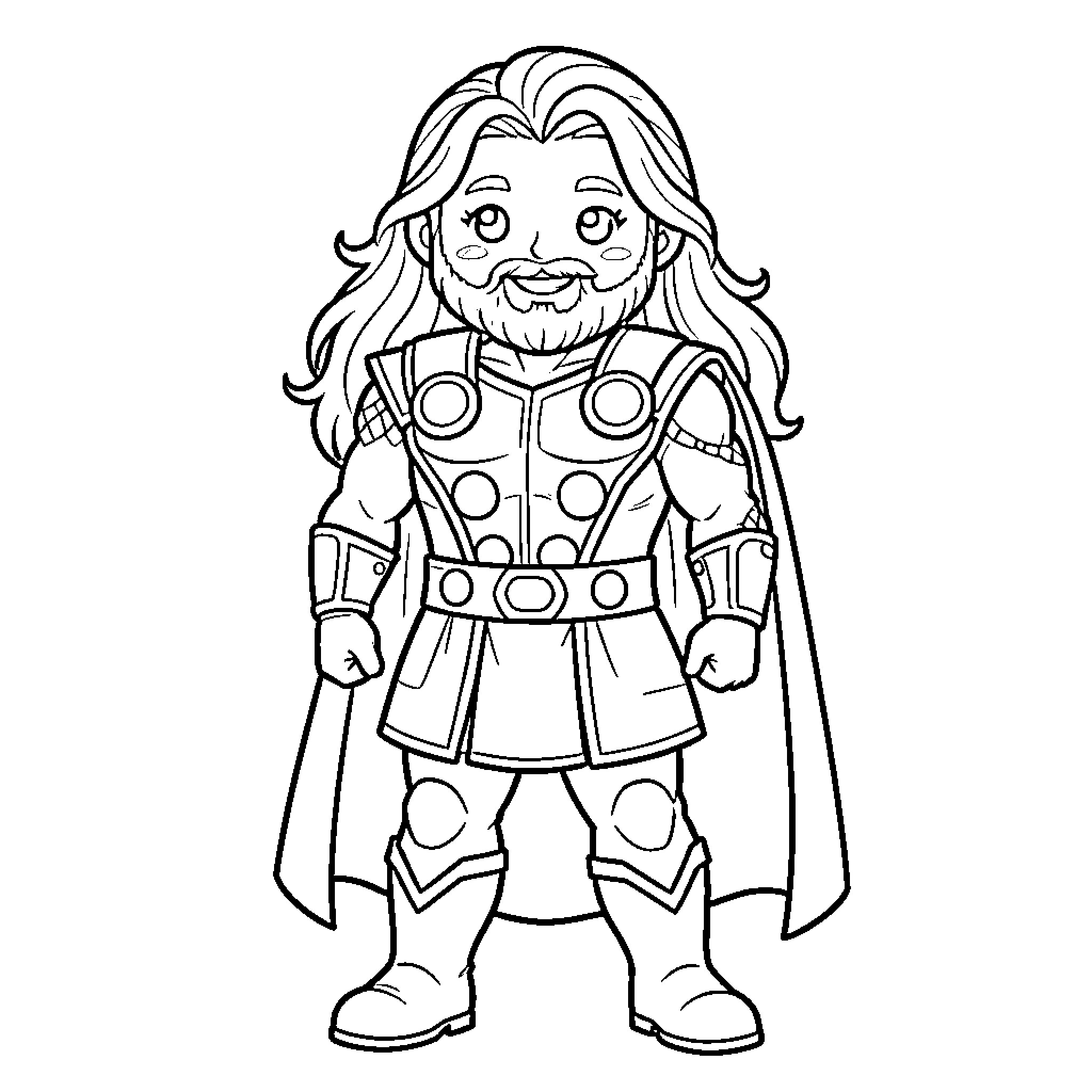 Thor in Epic Adventure Outfit Coloring Page (free black-and-white line drawing printable PDF for all, from beginners to advanced learners, including children, teens, adults, and seniors)