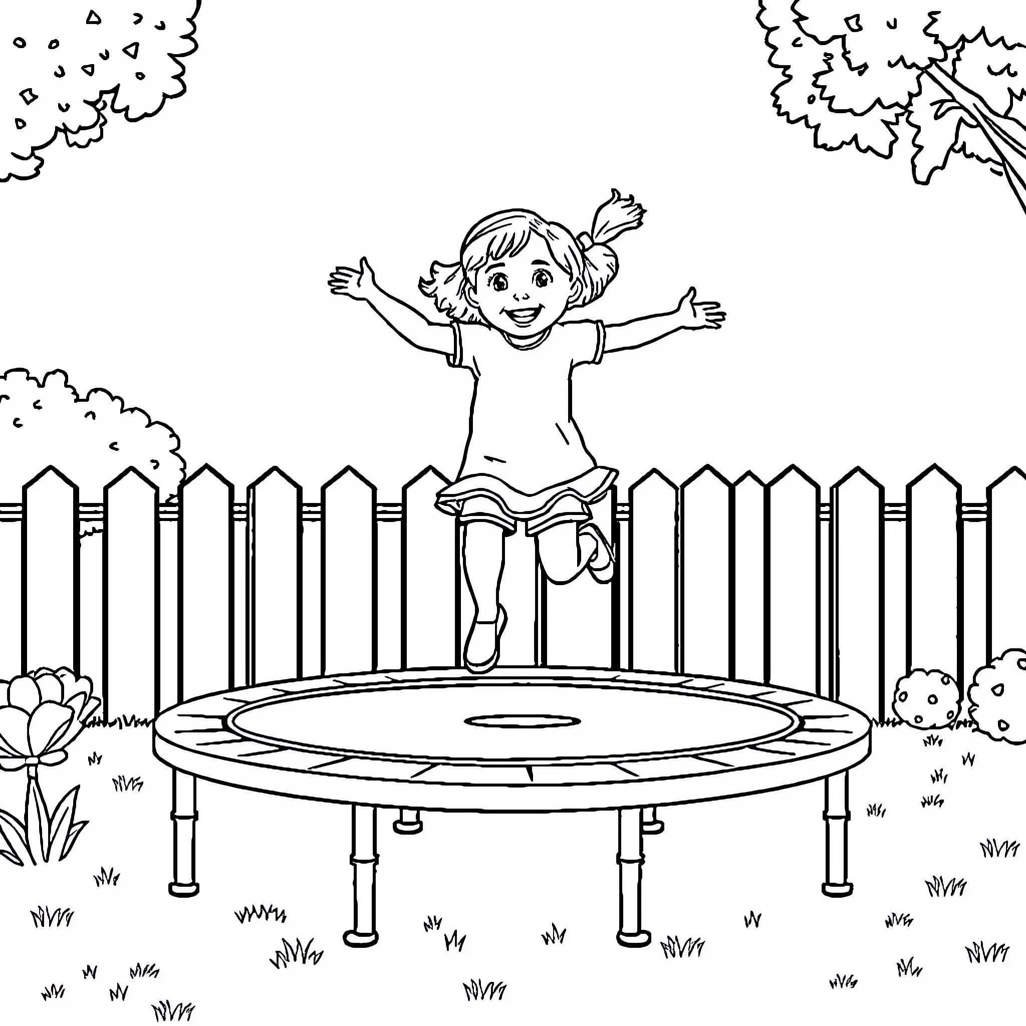 Girl jumping happily on trampoline in backyard Coloring Page (free black-and-white line drawing printable PDF for all, from beginners to advanced learners, including children, teens, adults, and seniors)