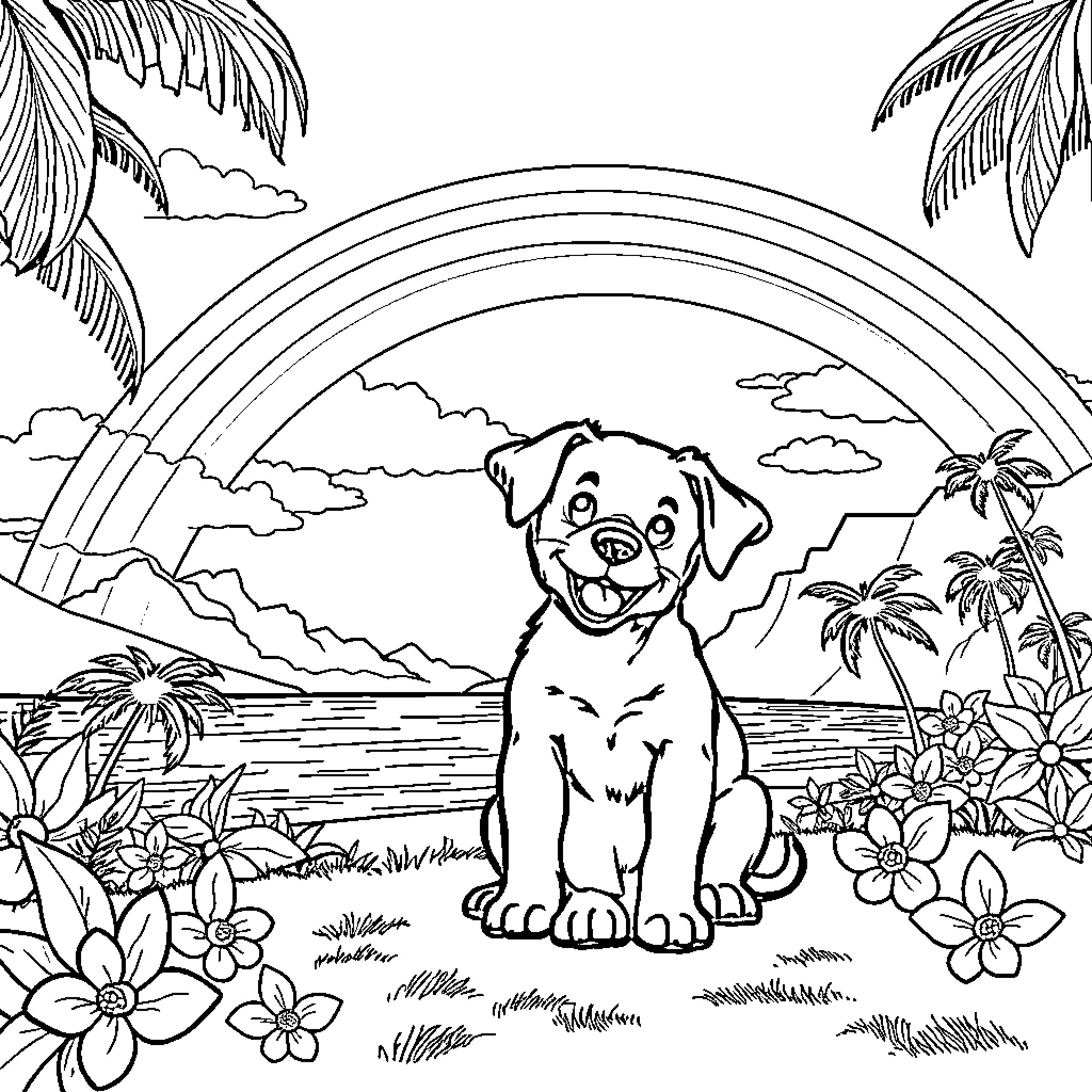Puppy enjoying a tropical paradise Coloring Page (free black-and-white line drawing printable PDF for all, from beginners to advanced learners, including children, teens, adults, and seniors)