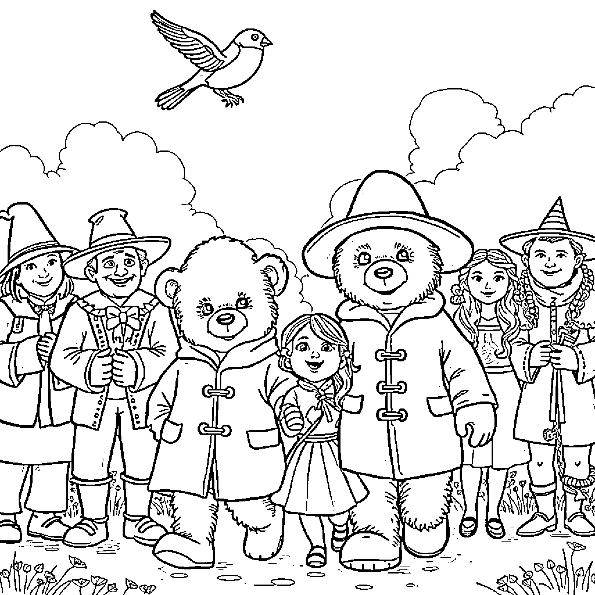 Paddington Bear and Friends Explore the Countryside Coloring Page (free black-and-white line drawing printable PDF for all, from beginners to advanced learners, including children, teens, adults, and seniors)
