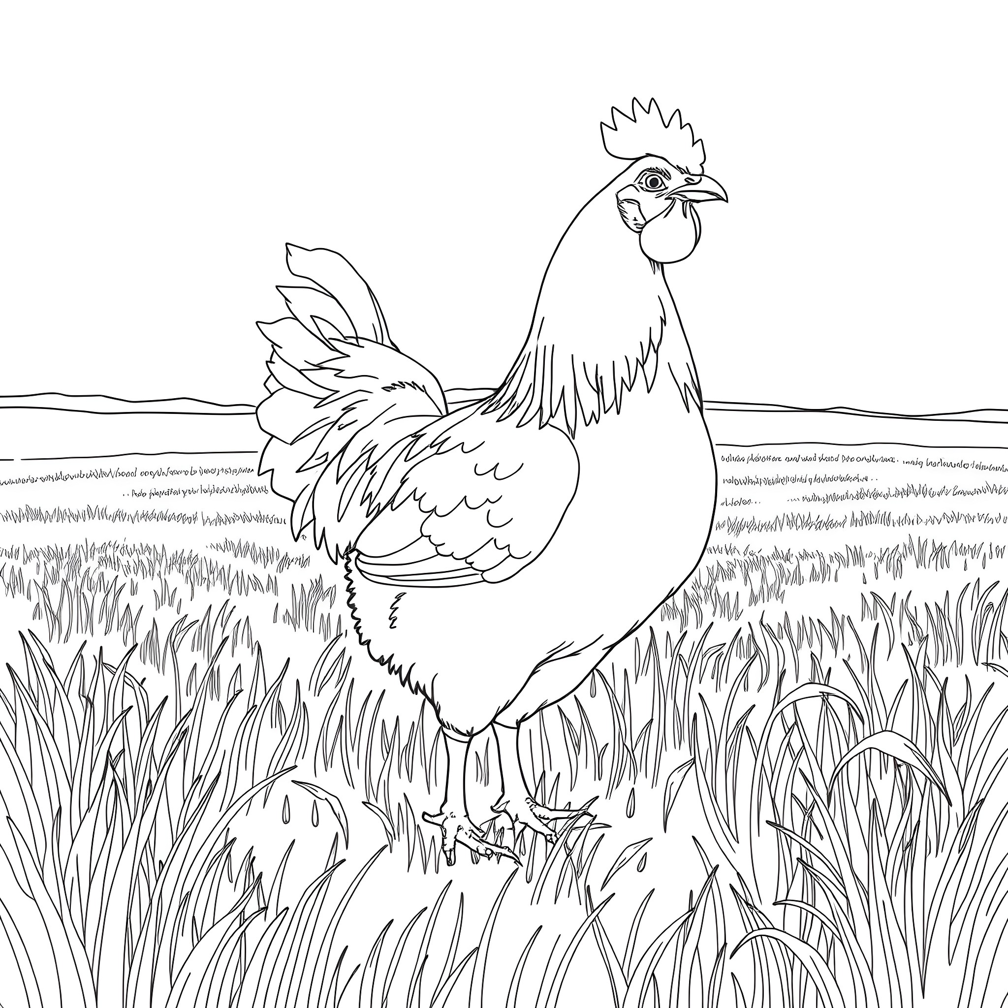 Hen standing proudly in a grassy field Coloring Page (free black-and-white line drawing printable PDF for all, from beginners to advanced learners, including children, teens, adults, and seniors)