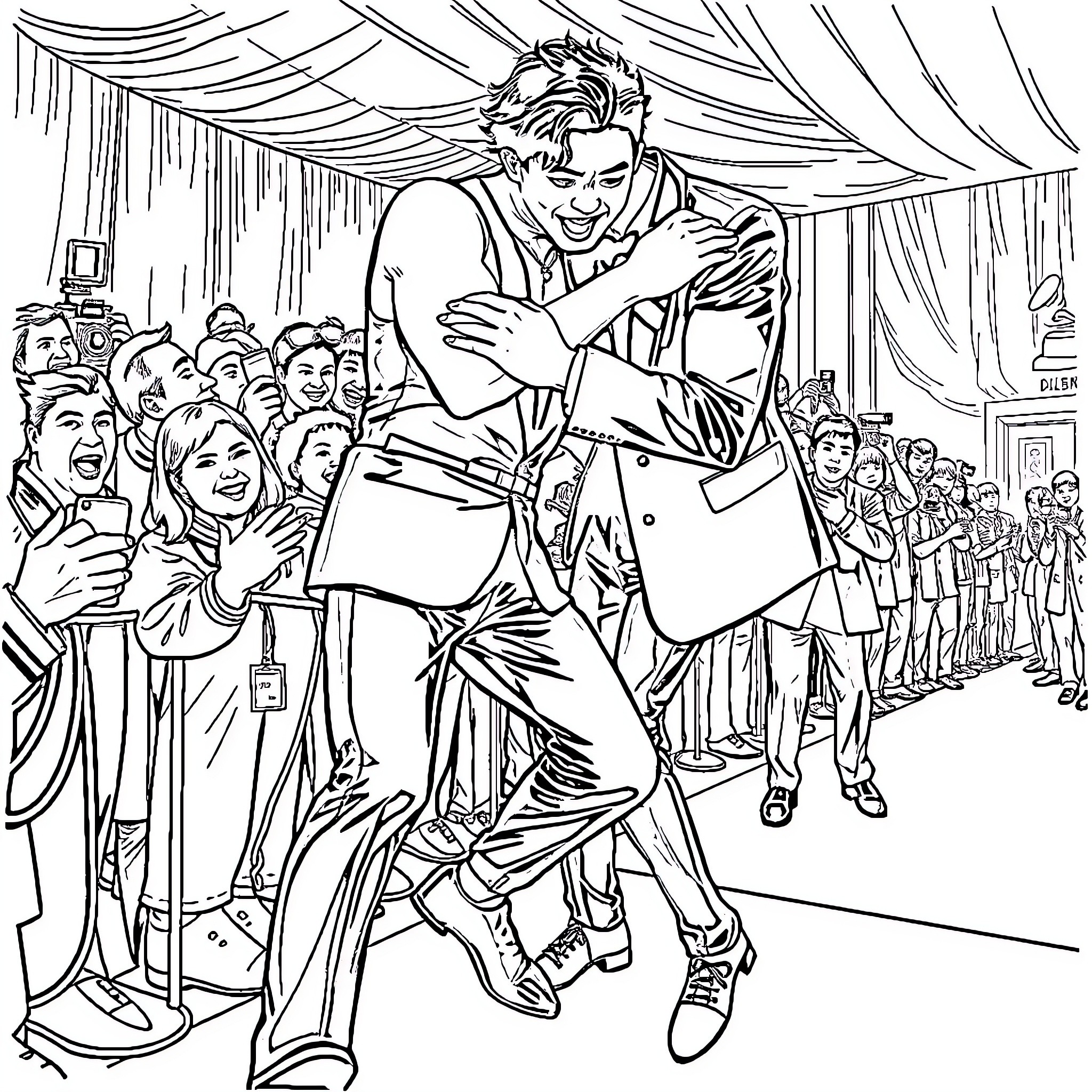 Shohei Ohtani Performing on Stage with Enthusiastic Crowd Coloring Page (free black-and-white line drawing printable PDF for all, from beginners to advanced learners, including children, teens, adults, and seniors)