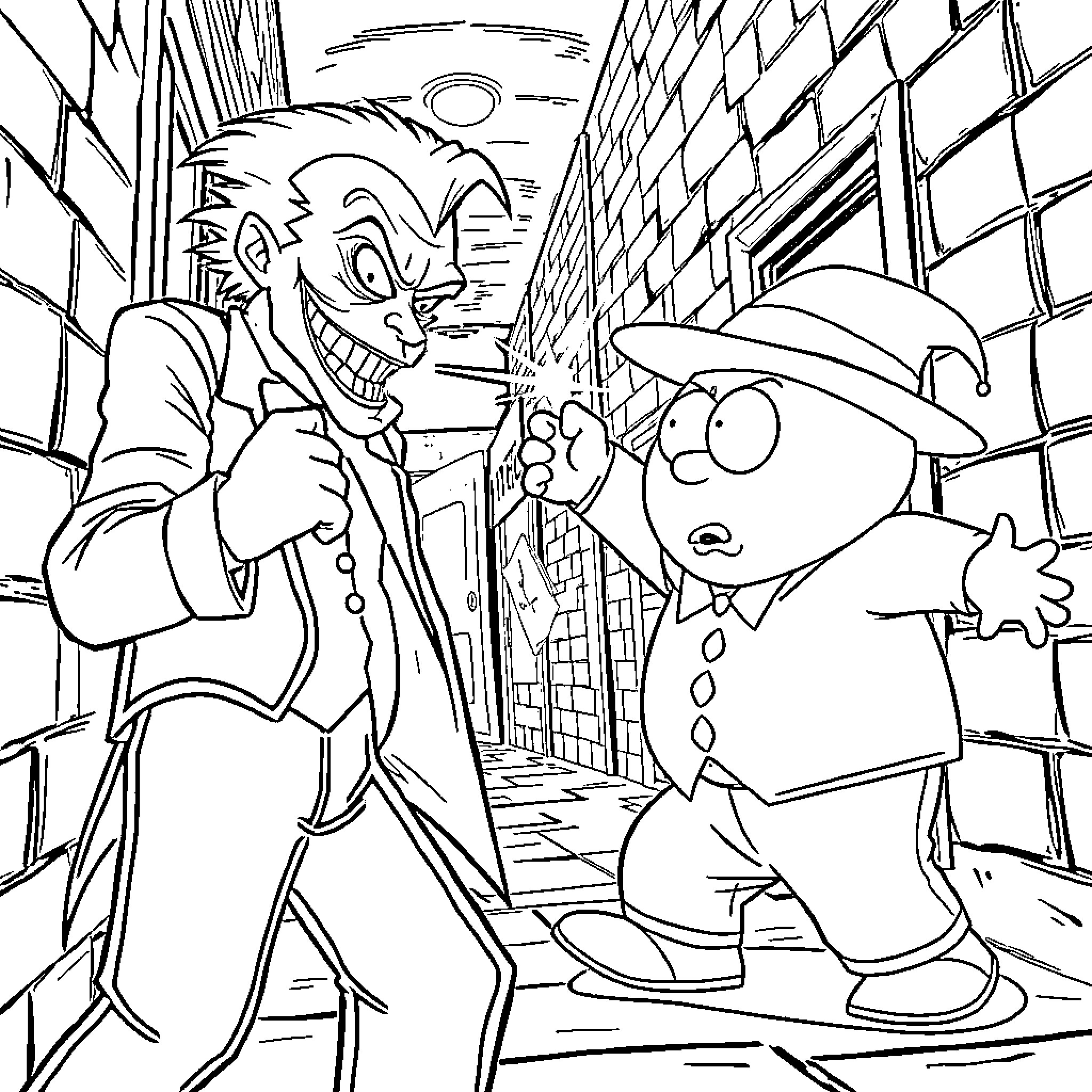 Cartman in a Confrontation with a Frightened Character Coloring Page (free black-and-white line drawing printable PDF for all, from beginners to advanced learners, including children, teens, adults, and seniors)