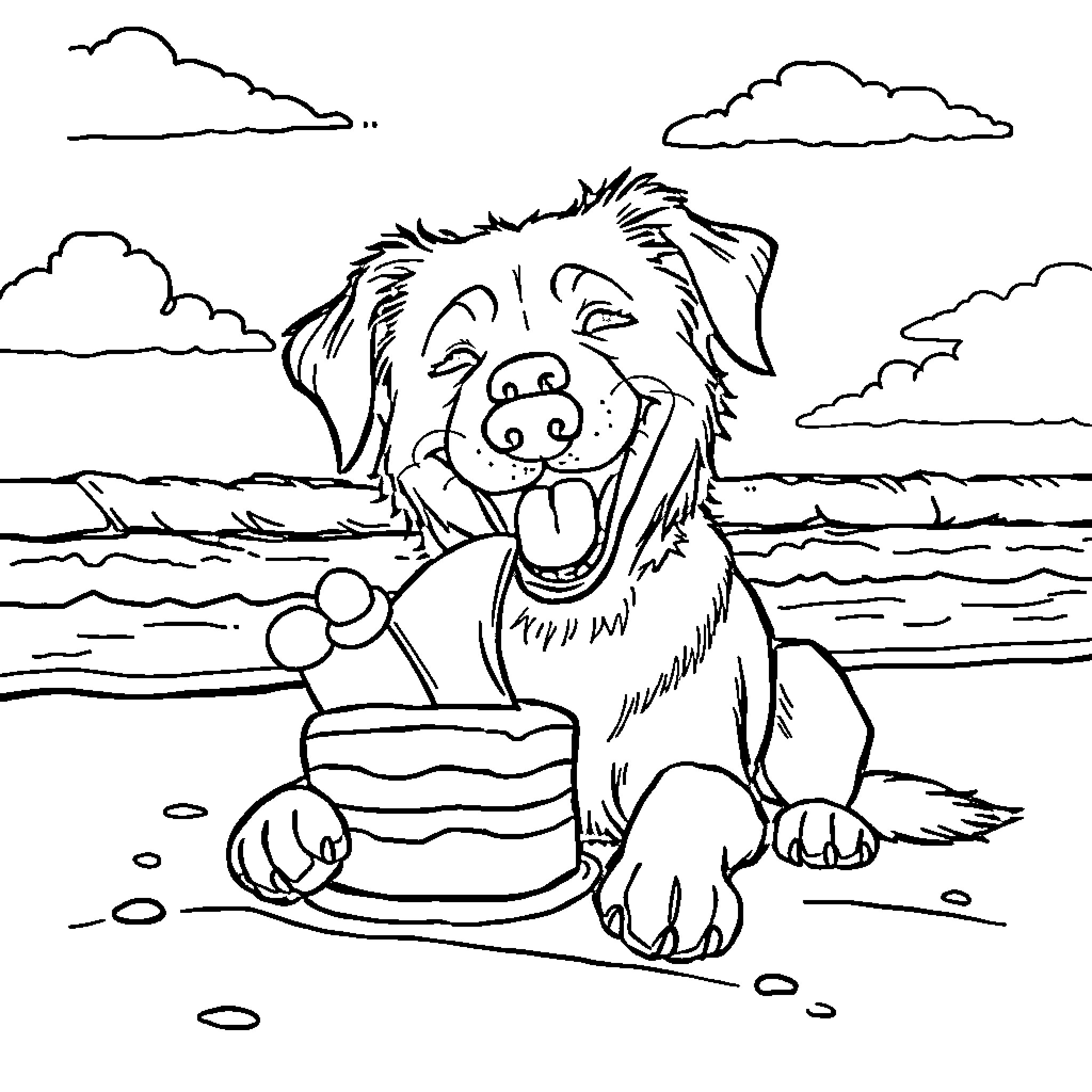 Dog enjoying a day at the beach Coloring Page (free black-and-white line drawing printable PDF for all, from beginners to advanced learners, including children, teens, adults, and seniors)