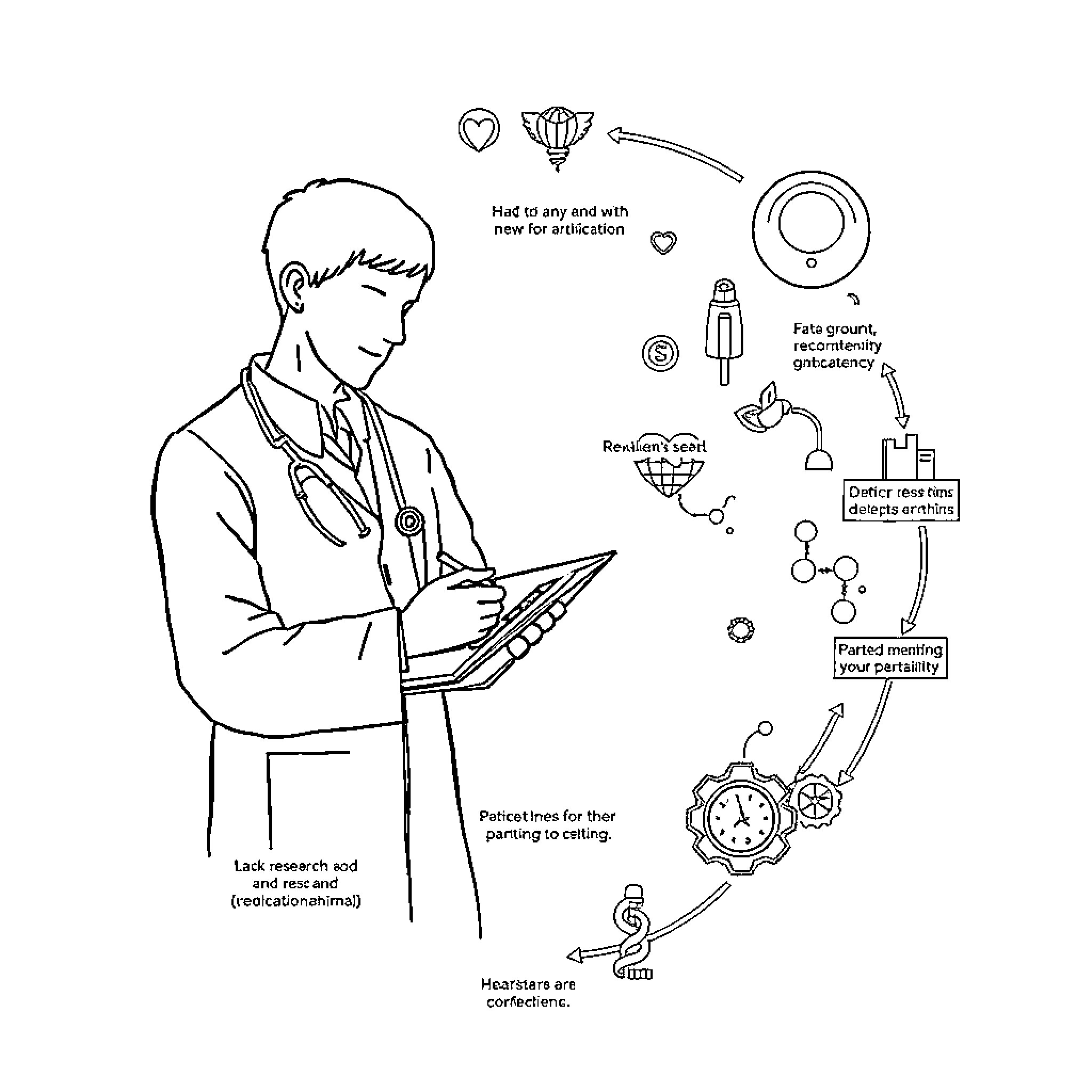 Rovia - Medical professional examines data on digital tablet Coloring Page (free black-and-white line drawing printable PDF for all, from beginners to advanced learners, including children, teens, adults, and seniors)