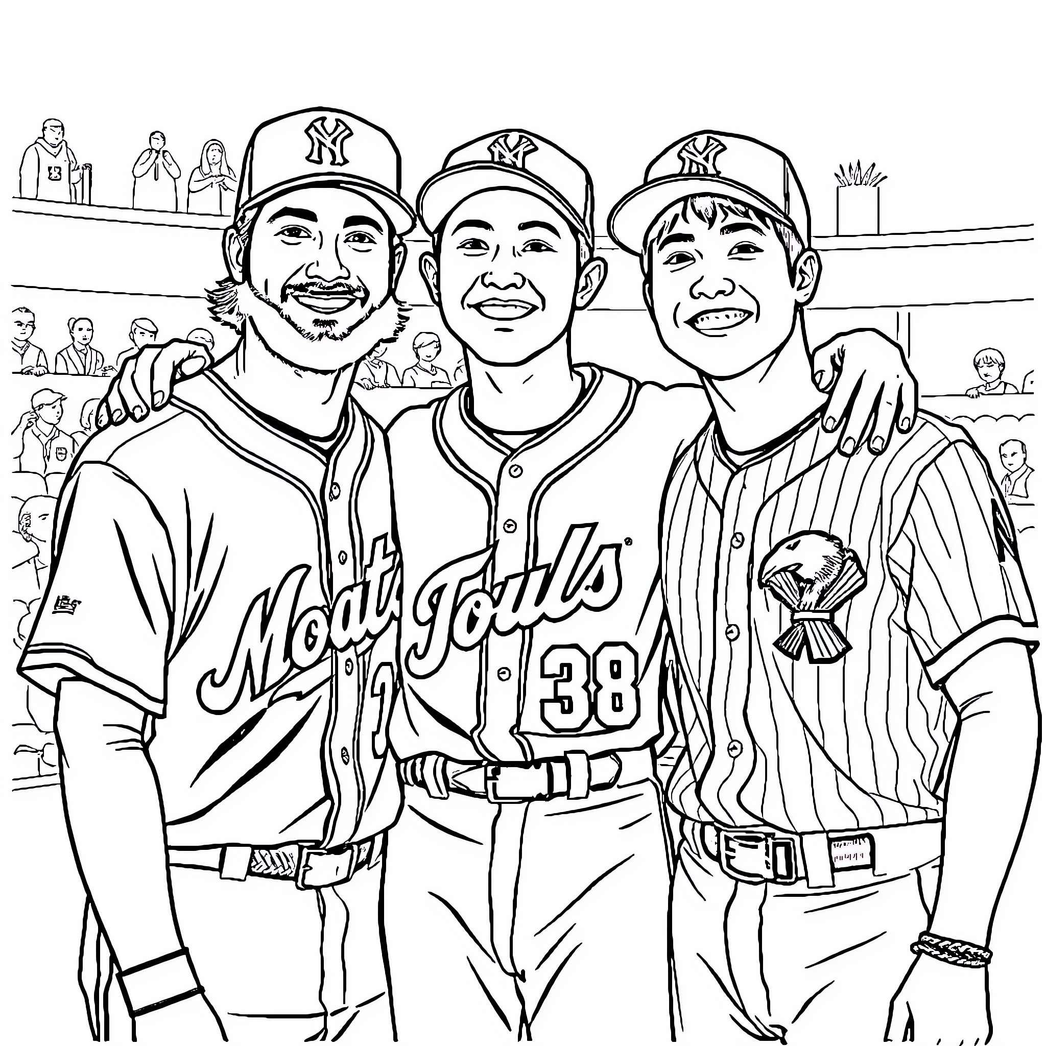 Baseball Players Posing Confidently on the Field Coloring Page (free black-and-white line drawing printable PDF for all, from beginners to advanced learners, including children, teens, adults, and seniors)