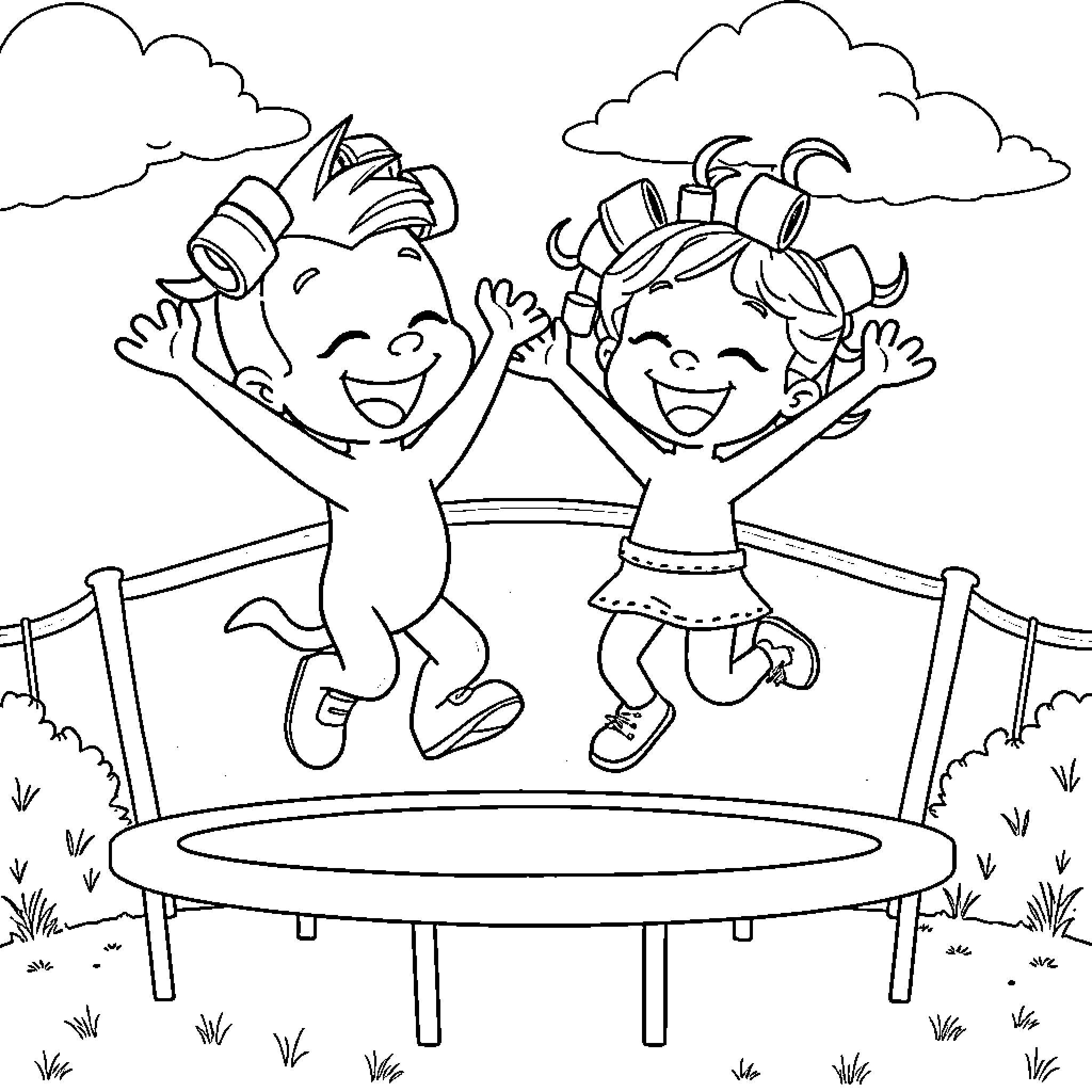 Bluey and friends jumping happily on a trampoline Coloring Page (free black-and-white line drawing printable PDF for all, from beginners to advanced learners, including children, teens, adults, and seniors)