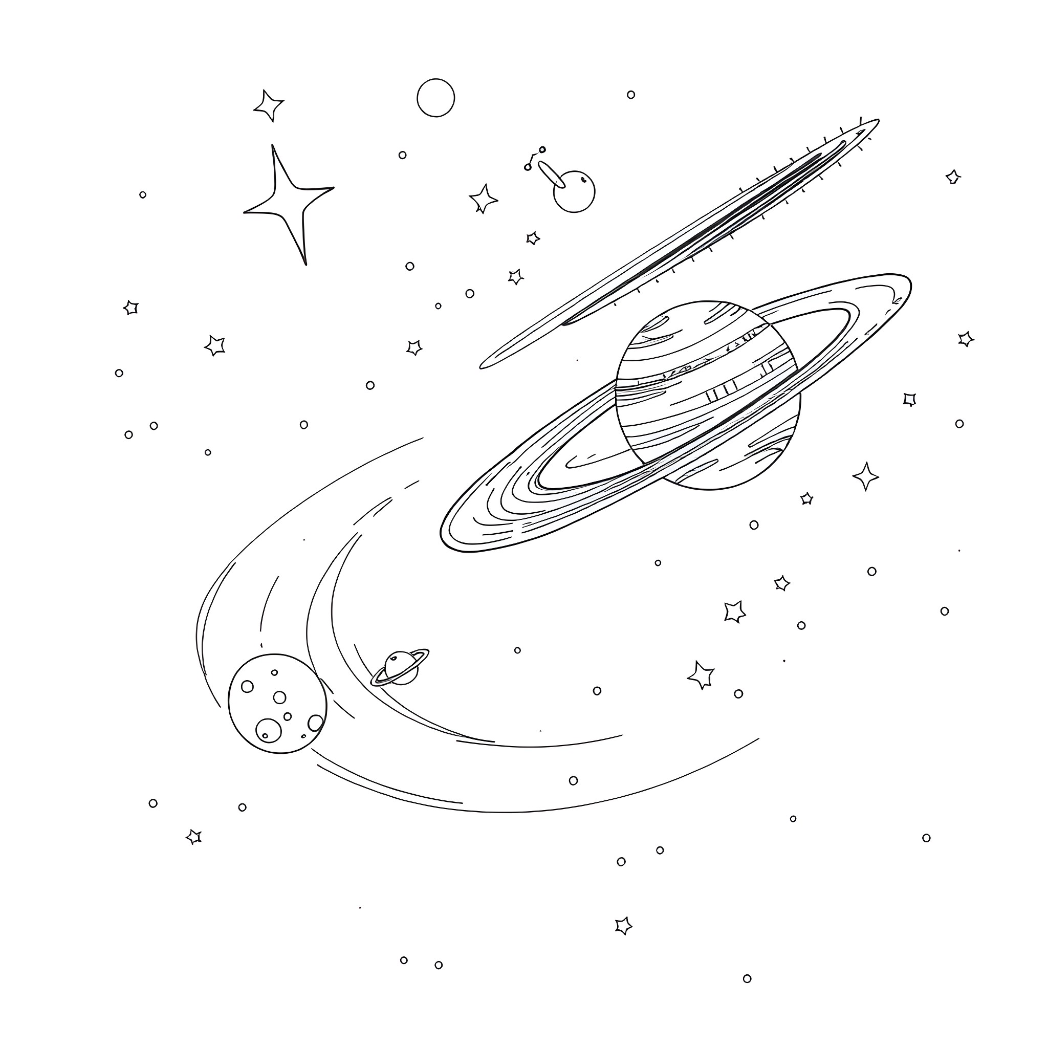 Space exploration with celestial objects Coloring Page (free black-and-white line drawing printable PDF for all, from beginners to advanced learners, including children, teens, adults, and seniors)