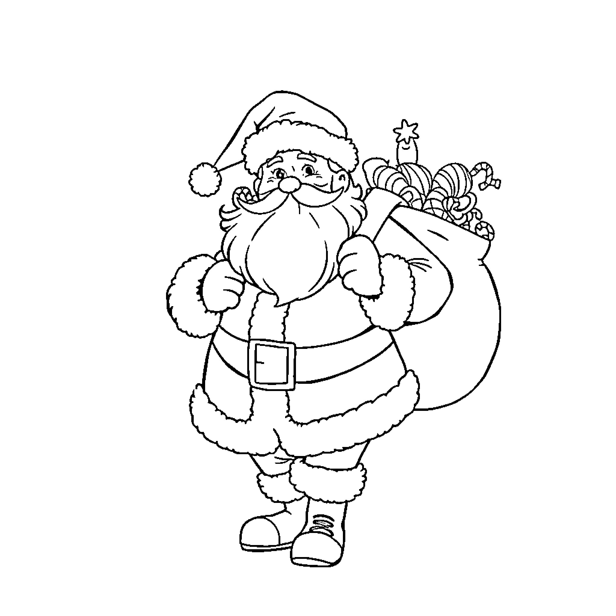 Santa carrying a bag of gifts Coloring Page (free black-and-white line drawing printable PDF for all, from beginners to advanced learners, including children, teens, adults, and seniors)