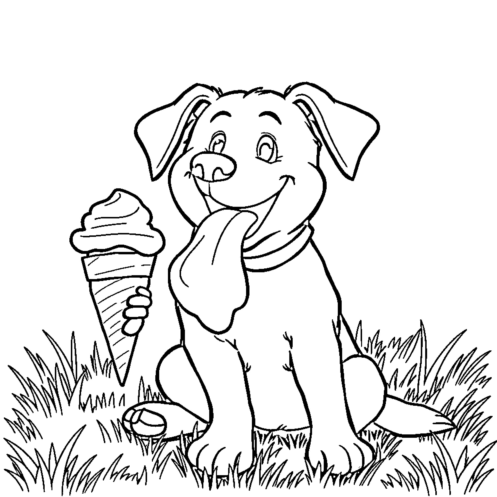Dog enjoying a delicious ice cream treat Coloring Page (free black-and-white line drawing printable PDF for all, from beginners to advanced learners, including children, teens, adults, and seniors)