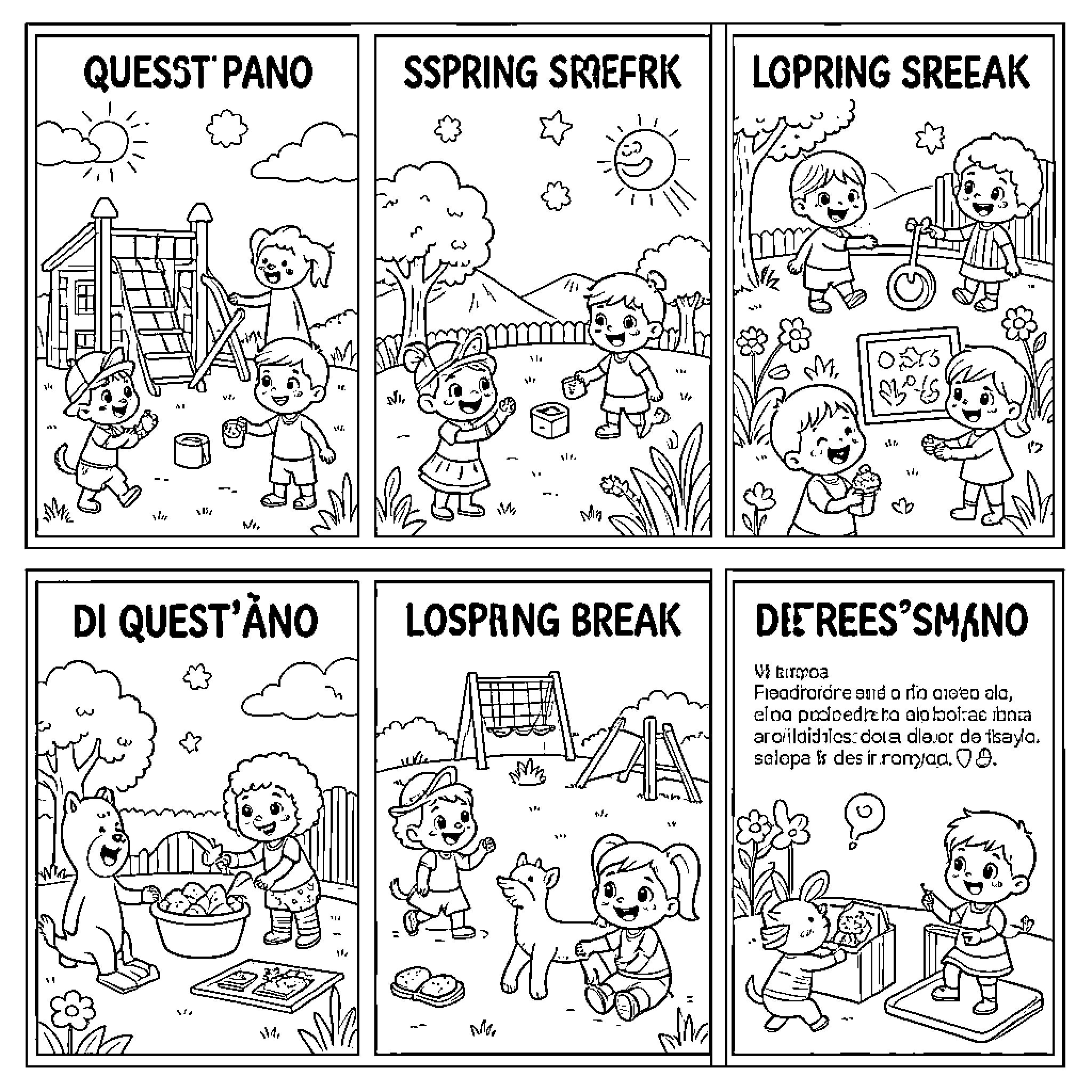 Spring activities and fun with friends Coloring Page (free black-and-white line drawing printable PDF for all, from beginners to advanced learners, including children, teens, adults, and seniors)