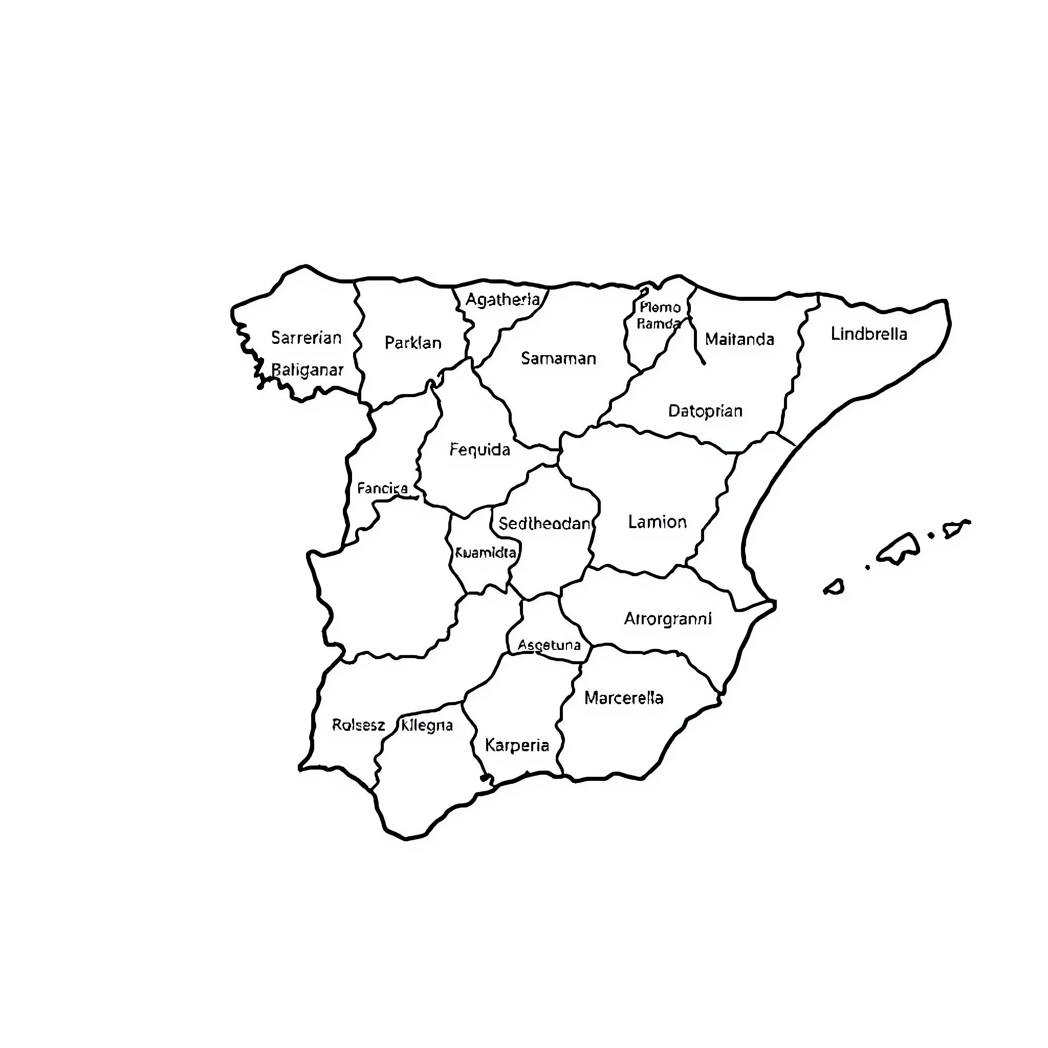 Map of regions and cities across Spain Coloring Page (free black-and-white line drawing printable PDF for all, from beginners to advanced learners, including children, teens, adults, and seniors)