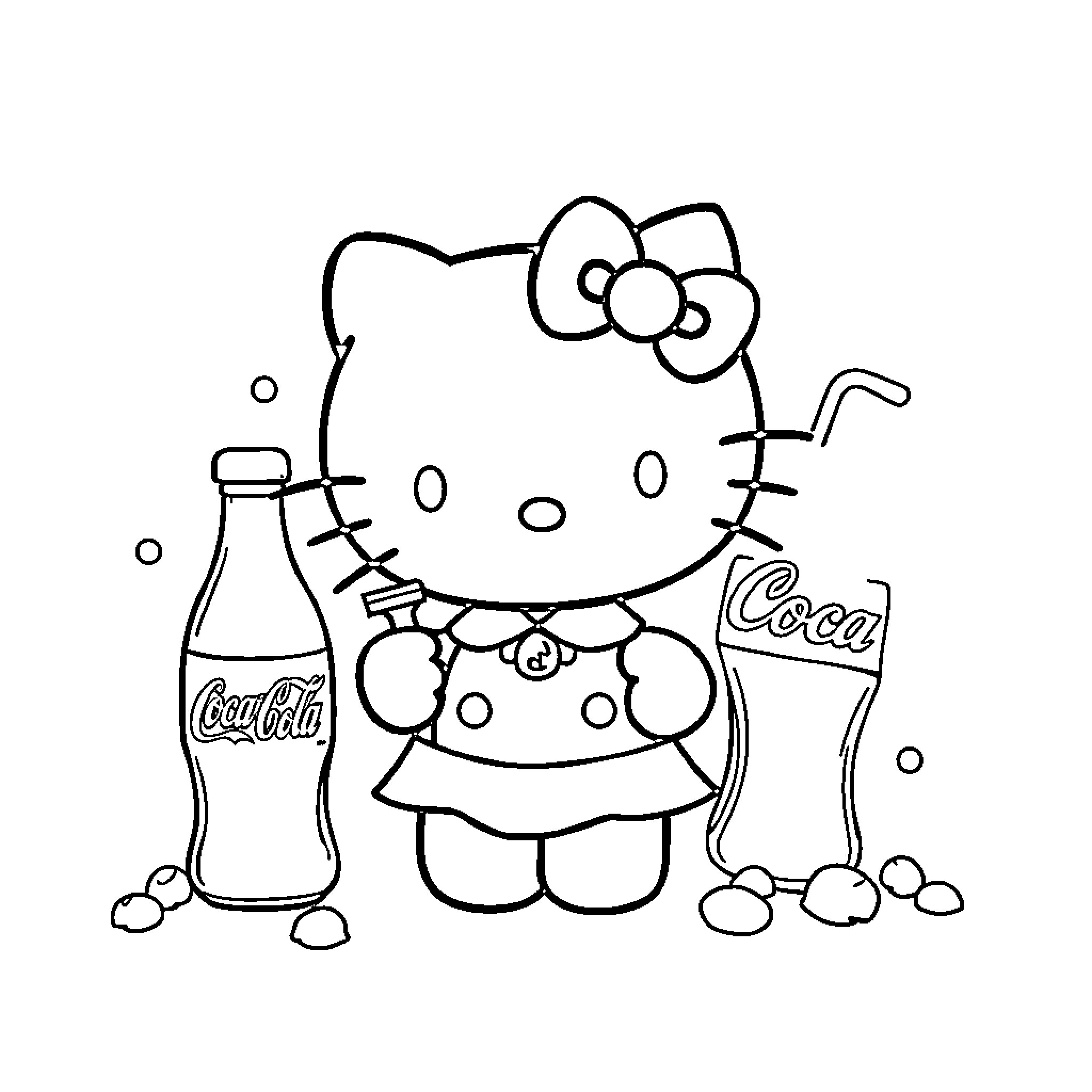 Hello Kitty enjoying a fizzy beverage Coloring Page (free black-and-white line drawing printable PDF for all, from beginners to advanced learners, including children, teens, adults, and seniors)