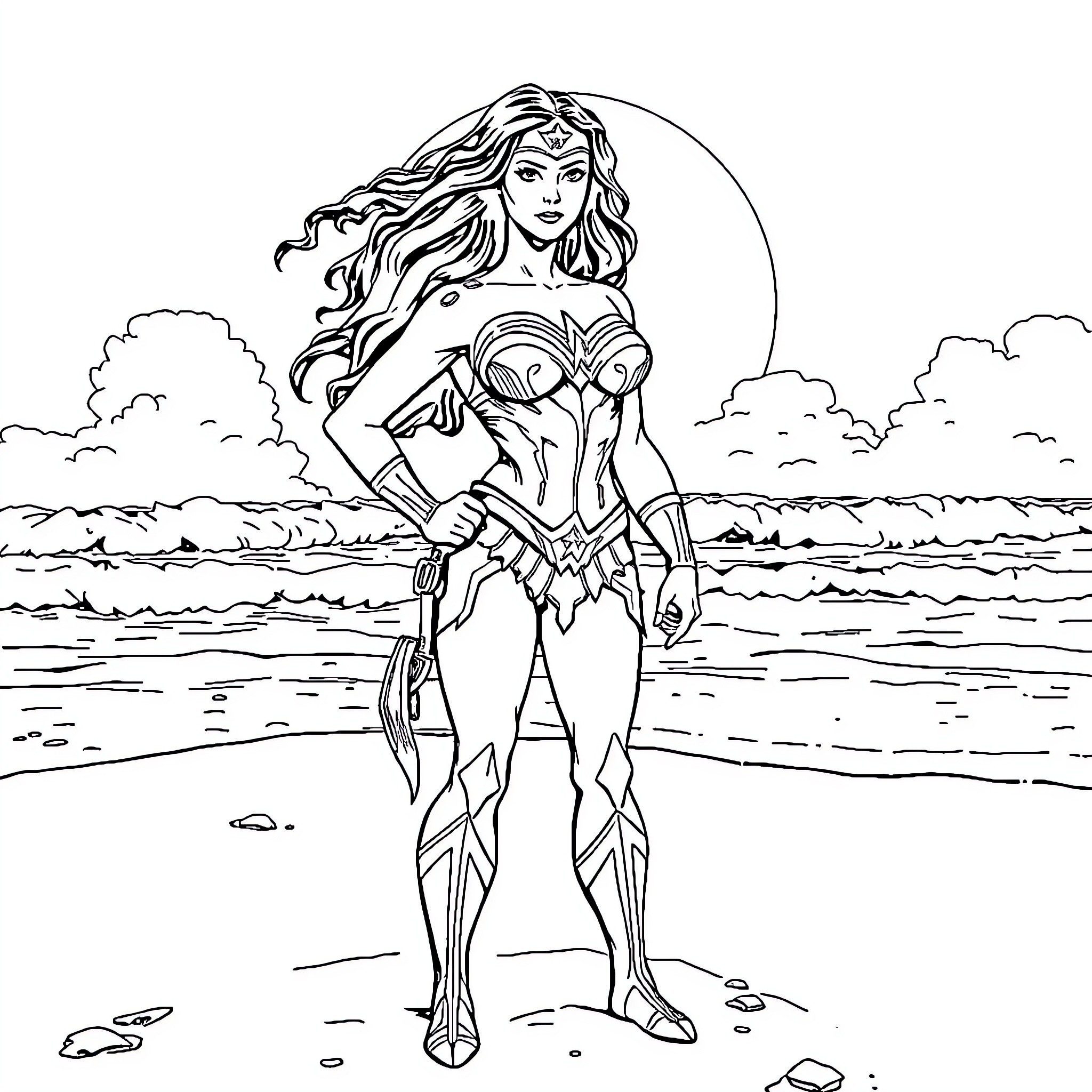 Wonder Woman in heroic pose on the beach Coloring Page (free black-and-white line drawing printable PDF for all, from beginners to advanced learners, including children, teens, adults, and seniors)