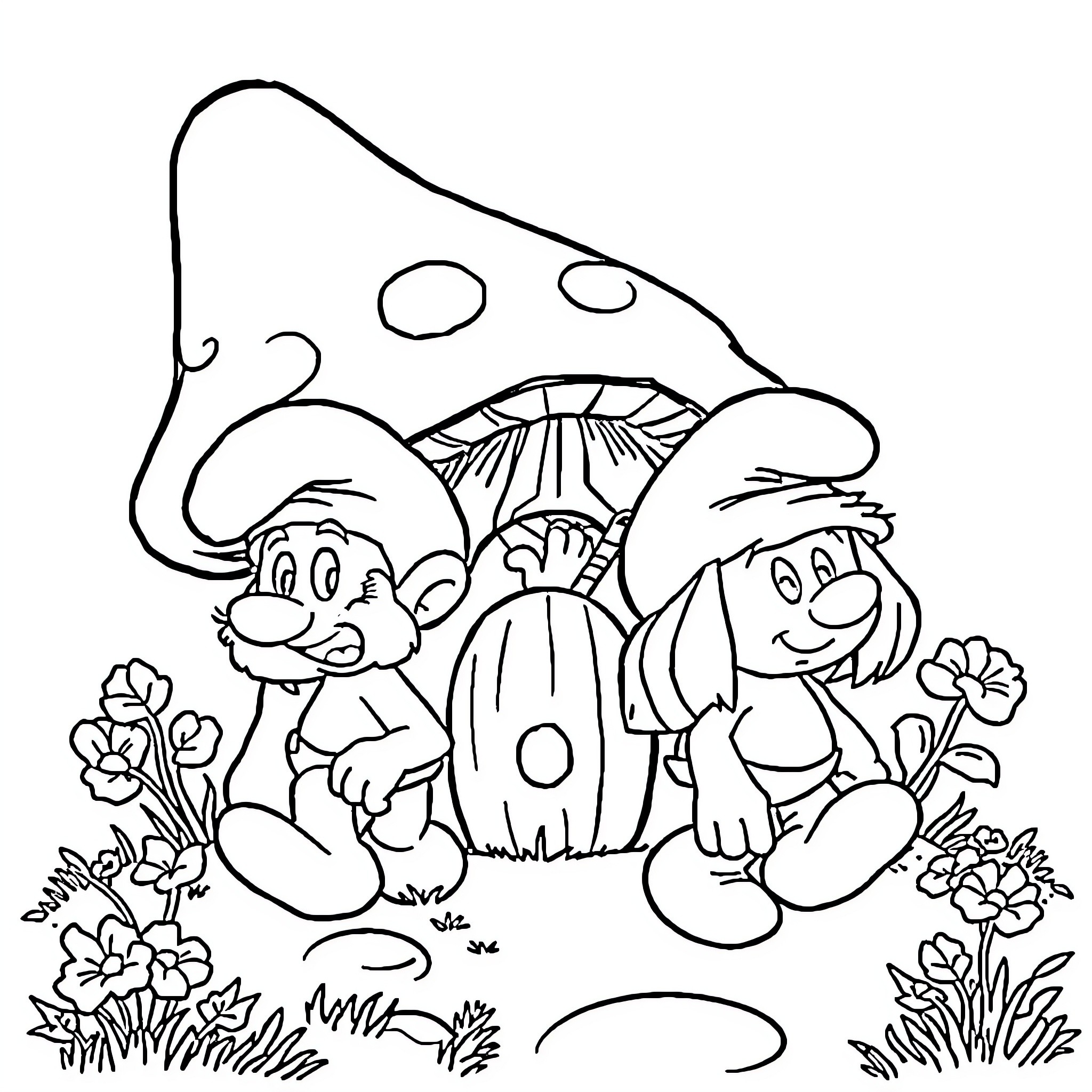 Smurf characters exploring a whimsical mushroom forest Coloring Page (free black-and-white line drawing printable PDF for all, from beginners to advanced learners, including children, teens, adults, and seniors)