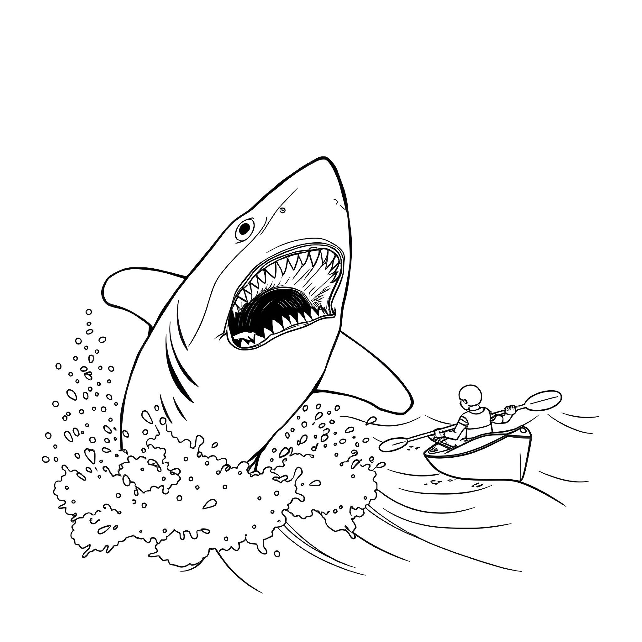 Shark about to attack person in kayak Coloring Page (free black-and-white line drawing printable PDF for all, from beginners to advanced learners, including children, teens, adults, and seniors)