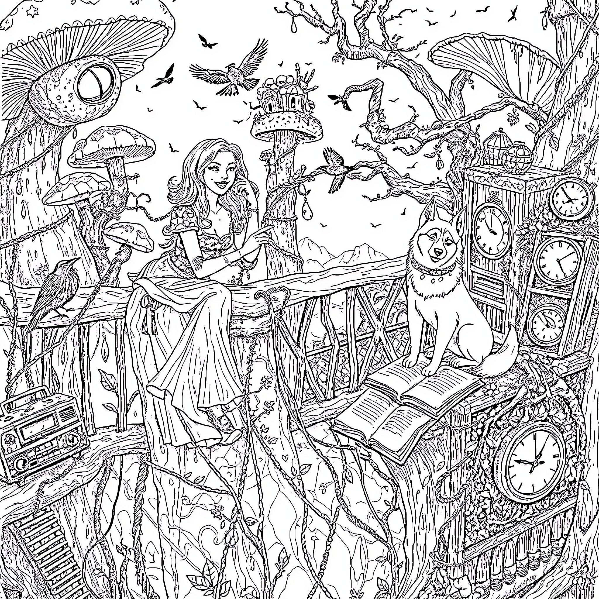 Tree-filled Whimsical Wonderland with Fantastical Creatures Coloring Page (free black-and-white line drawing printable PDF for all, from beginners to advanced learners, including children, teens, adults, and seniors)