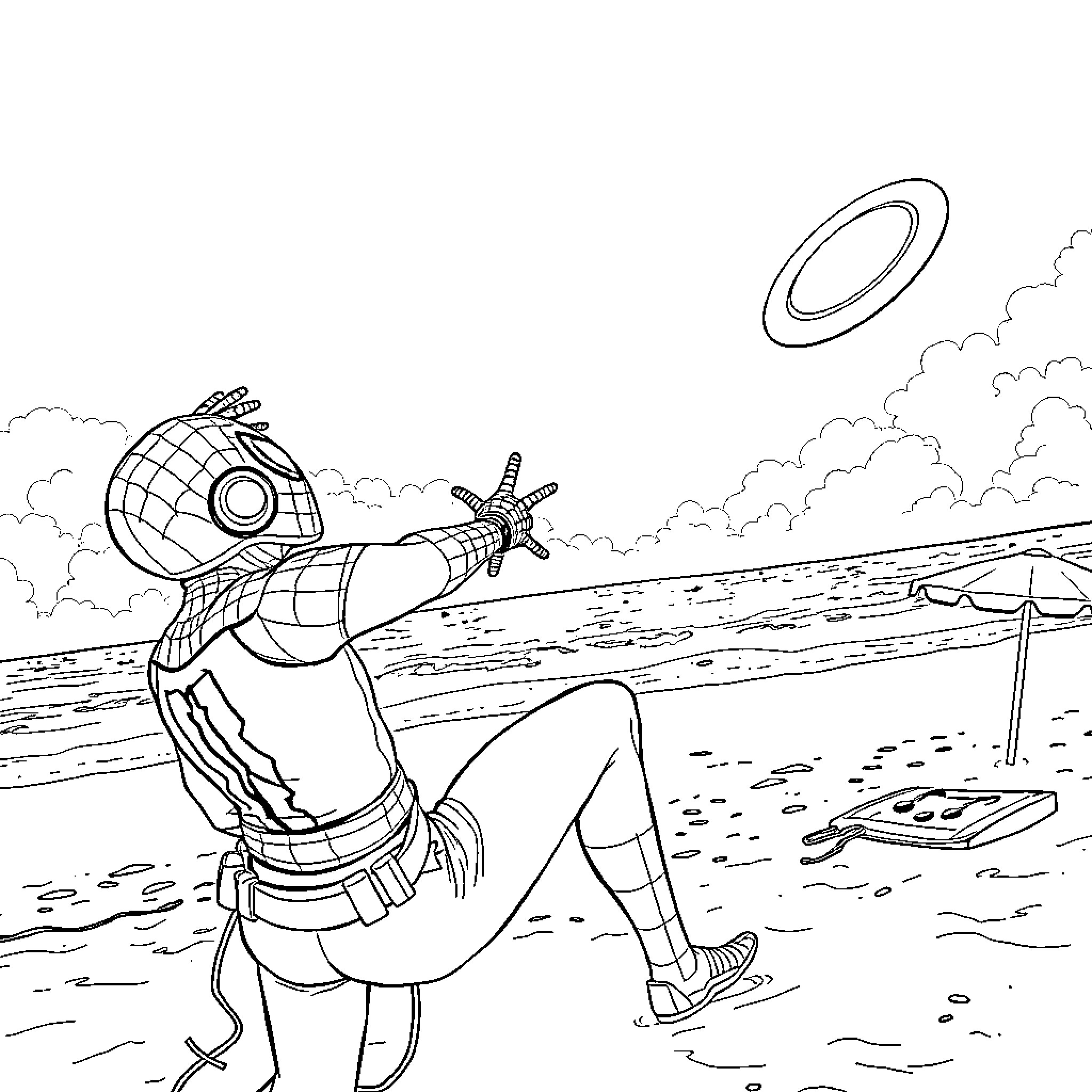 Kpop Idol Performing Dynamic Beachside Moves Coloring Page (free black-and-white line drawing printable PDF for all, from beginners to advanced learners, including children, teens, adults, and seniors)