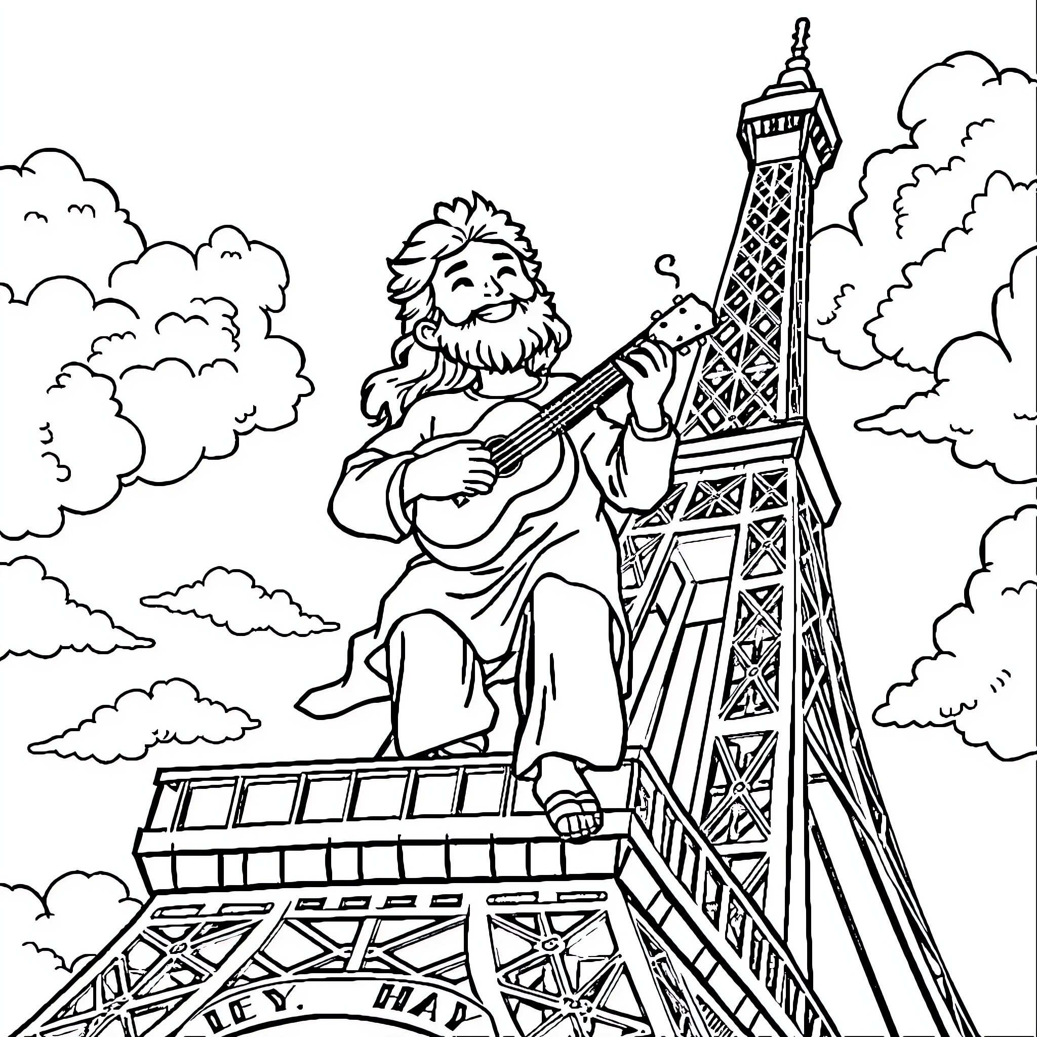 God playing guitar atop the Eiffel Tower Coloring Page (free black-and-white line drawing printable PDF for all, from beginners to advanced learners, including children, teens, adults, and seniors)