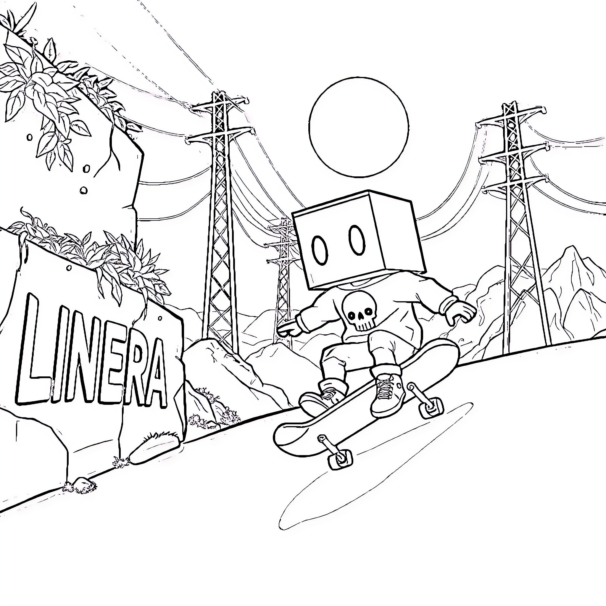 Box-Headed Character Snowboarding Through Industrial Landscape Coloring Page (free black-and-white line drawing printable PDF for all, from beginners to advanced learners, including children, teens, adults, and seniors)