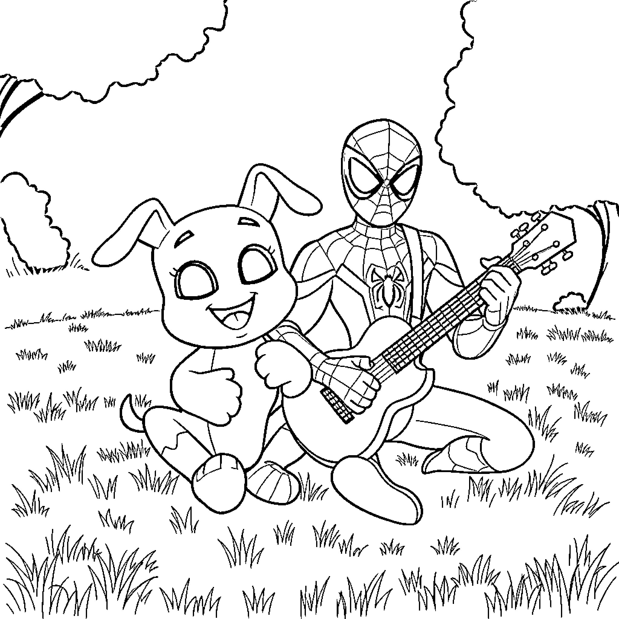 Bluey and Spiderman playing guitar in the park Coloring Page (free black-and-white line drawing printable PDF for all, from beginners to advanced learners, including children, teens, adults, and seniors)