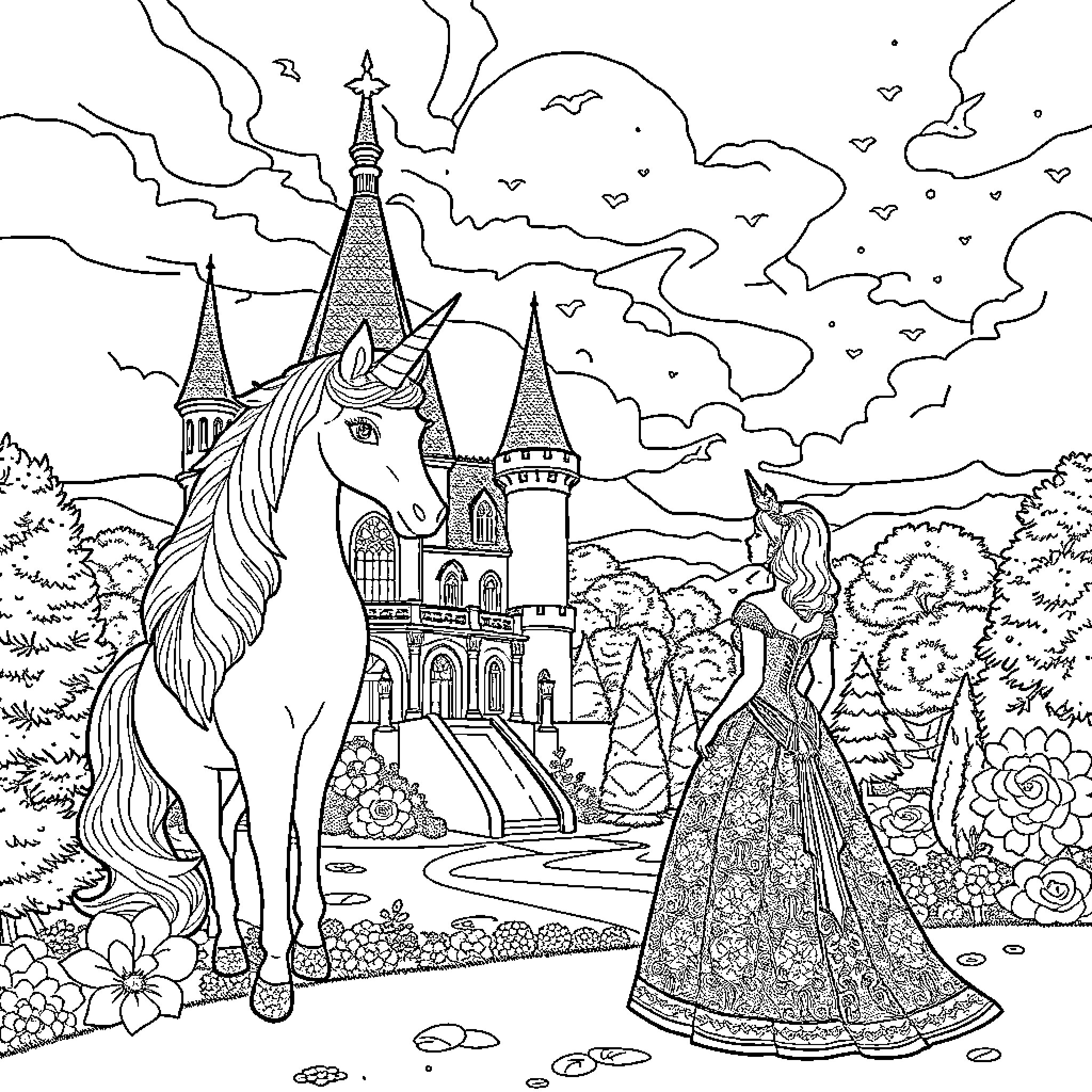 Unicorn and Princess at Enchanted Castle Coloring Page (free black-and-white line drawing printable PDF for all, from beginners to advanced learners, including children, teens, adults, and seniors)