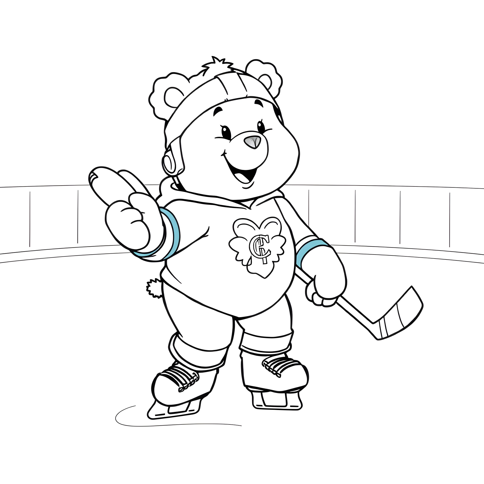 Care Bear ice skating with a smile Coloring Page (free black-and-white line drawing printable PDF for all, from beginners to advanced learners, including children, teens, adults, and seniors)