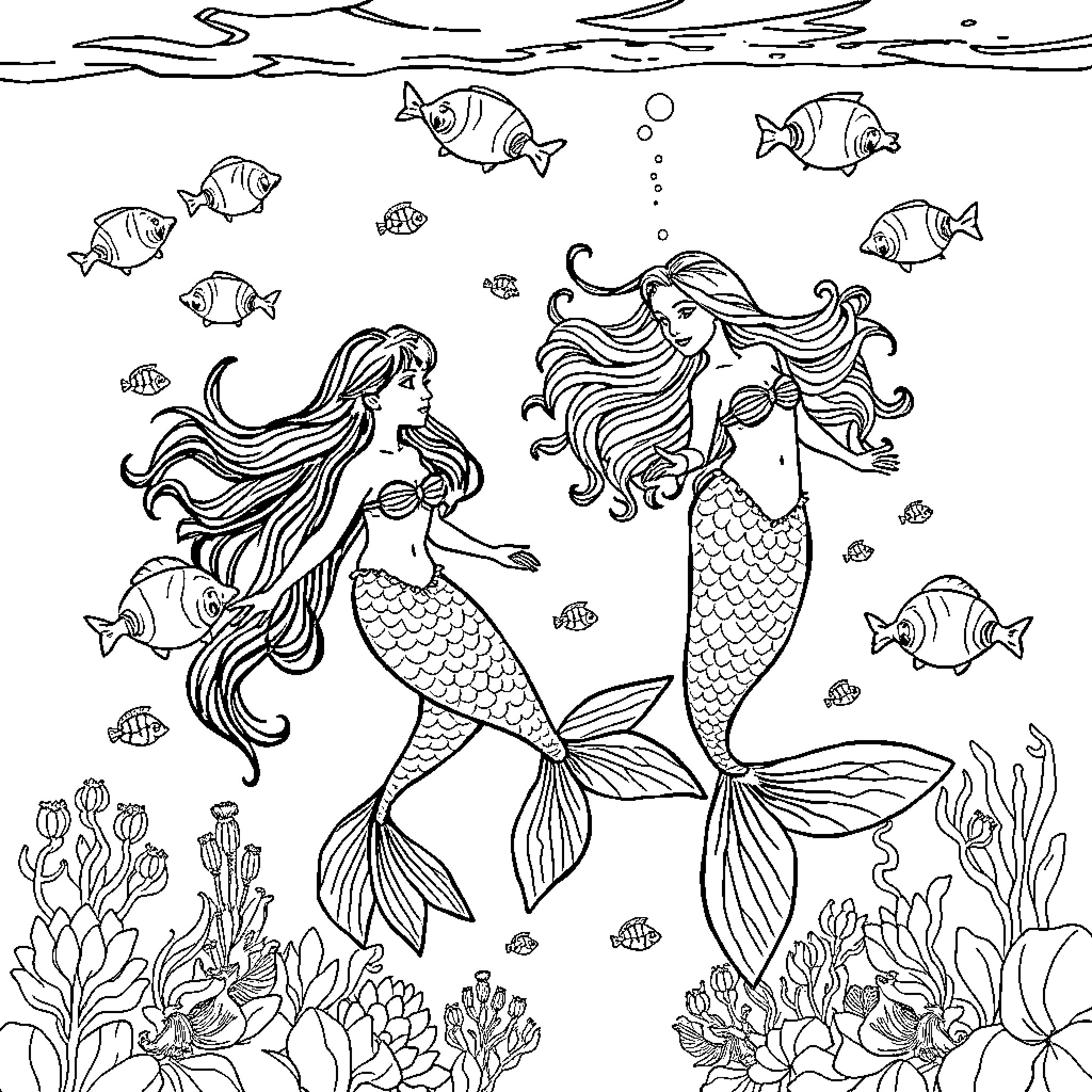 Mermaid swimming gracefully amidst underwater flora and fauna Coloring Page (free black-and-white line drawing printable PDF for all, from beginners to advanced learners, including children, teens, adults, and seniors)