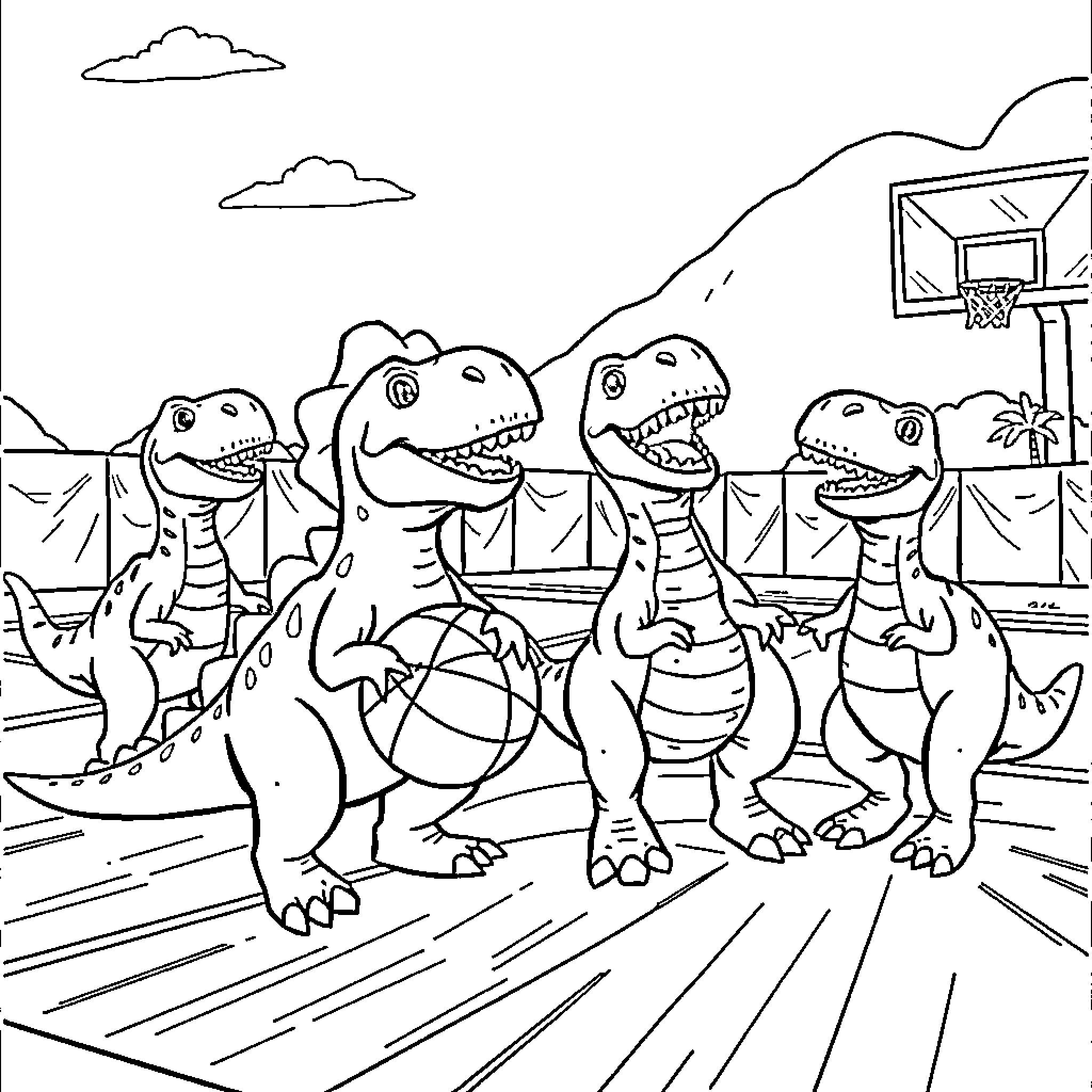Dinosaur Family Playing Basketball Outdoors Coloring Page (free black-and-white line drawing printable PDF for all, from beginners to advanced learners, including children, teens, adults, and seniors)