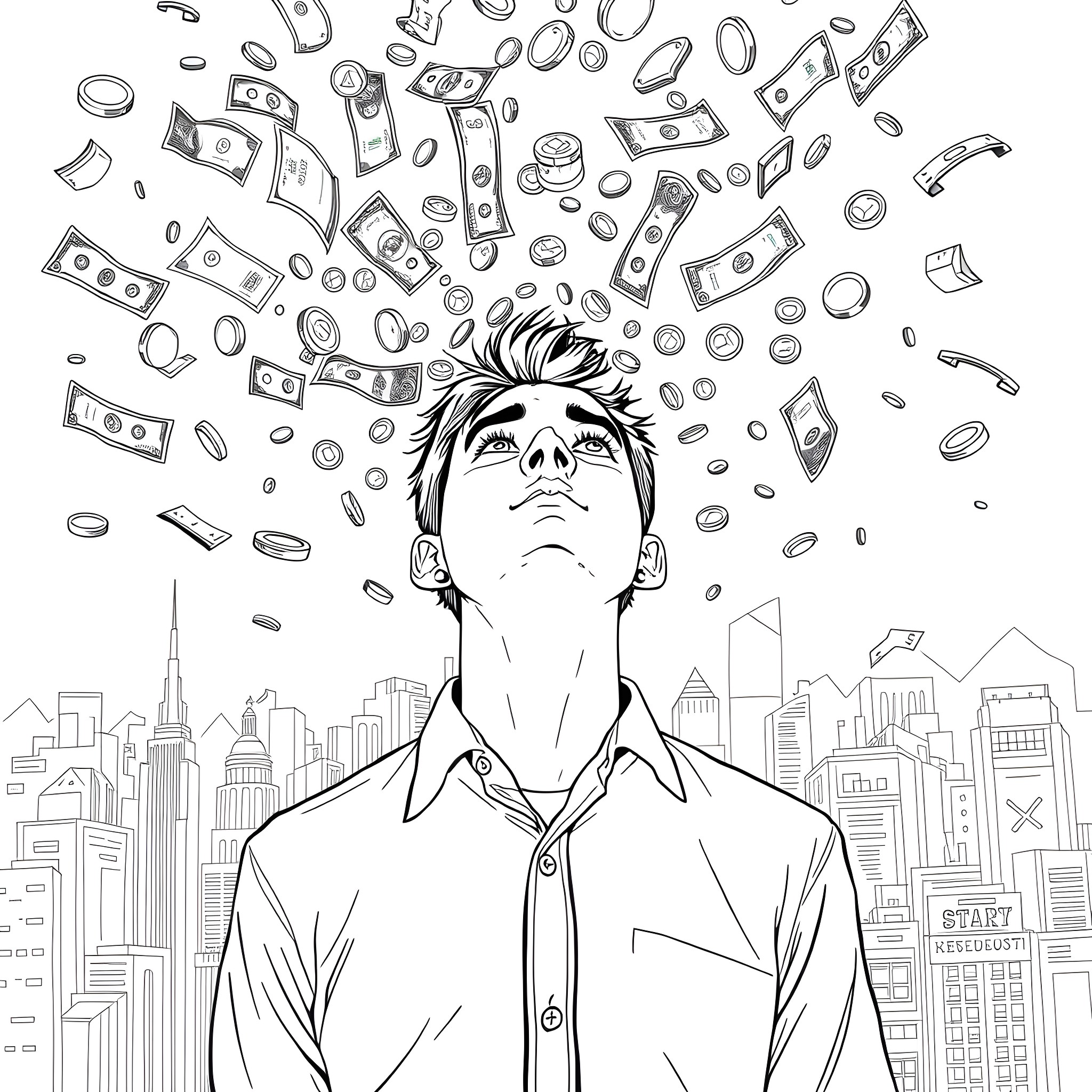 Young Man Overwhelmed by Financial Troubles in the City Coloring Page (free black-and-white line drawing printable PDF for all, from beginners to advanced learners, including children, teens, adults, and seniors)