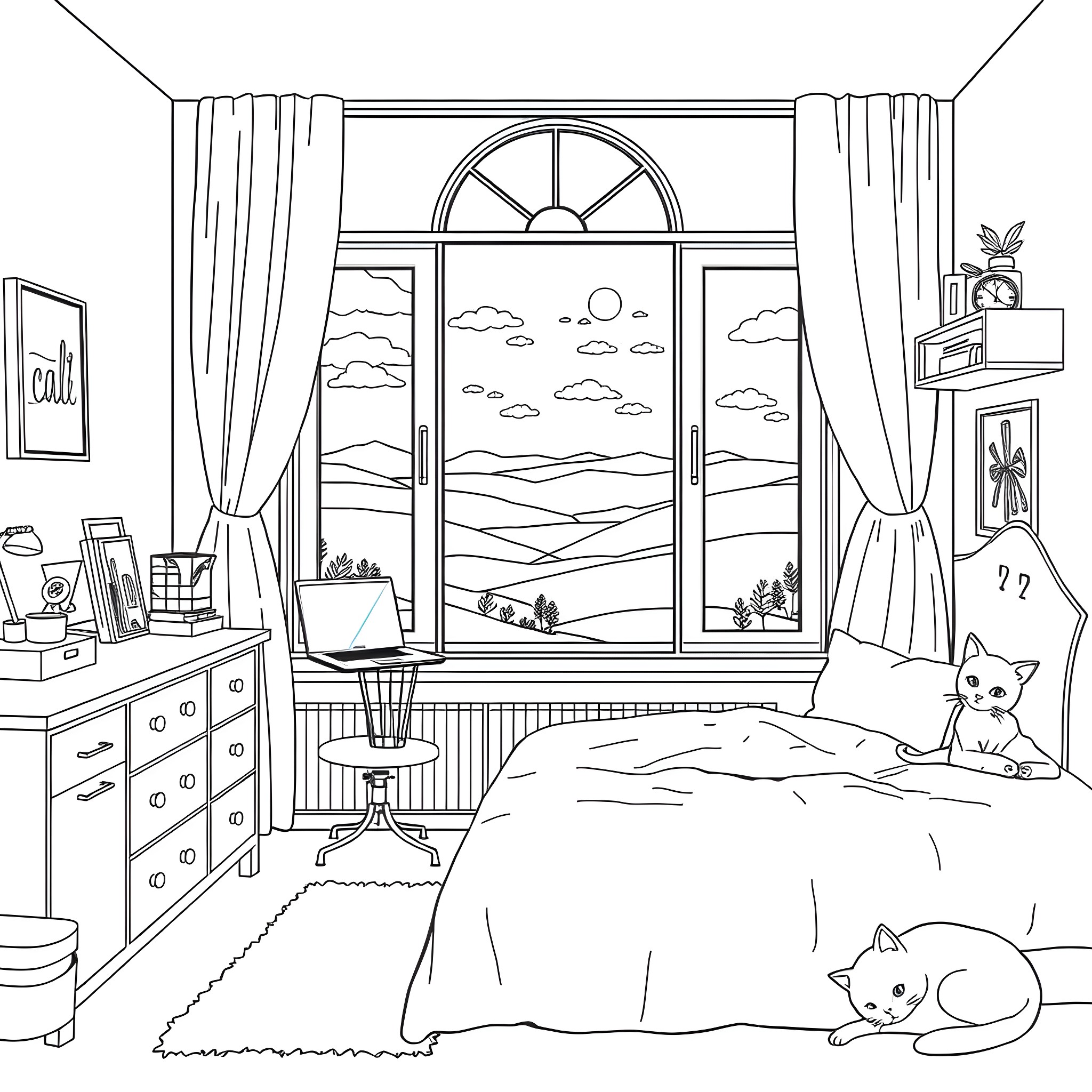 Cats relaxing in a peaceful bedroom Coloring Page (free black-and-white line drawing printable PDF for all, from beginners to advanced learners, including children, teens, adults, and seniors)