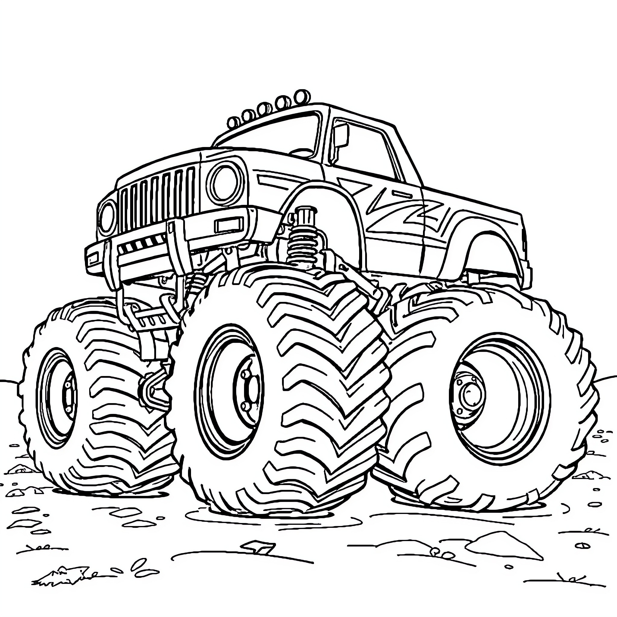 Monster Truck Crushing and Jumping on the Road Coloring Page (free black-and-white line drawing printable PDF for all, from beginners to advanced learners, including children, teens, adults, and seniors)