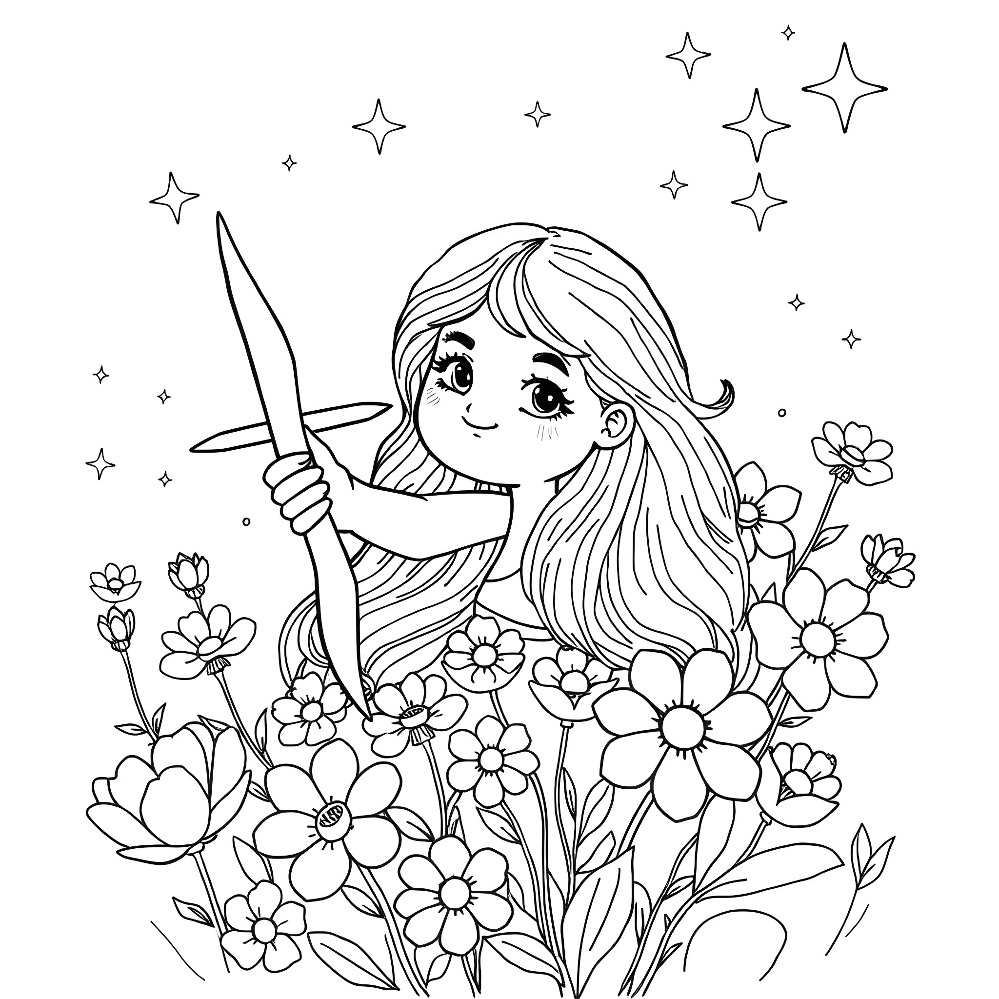 Sagittarius Girl in a Floral Garden Coloring Page (free black-and-white line drawing printable PDF for all, from beginners to advanced learners, including children, teens, adults, and seniors)